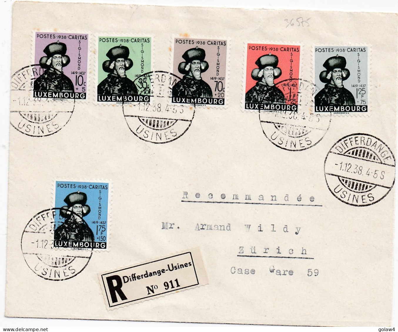 36575# CARITAS PREMIER JOUR FDC SIGISMOND LETTRE RECOMMANDE Obl DIFFERDANGE USINES 1 DECEMBRE 1938 ZURICH SUISSE - FDC