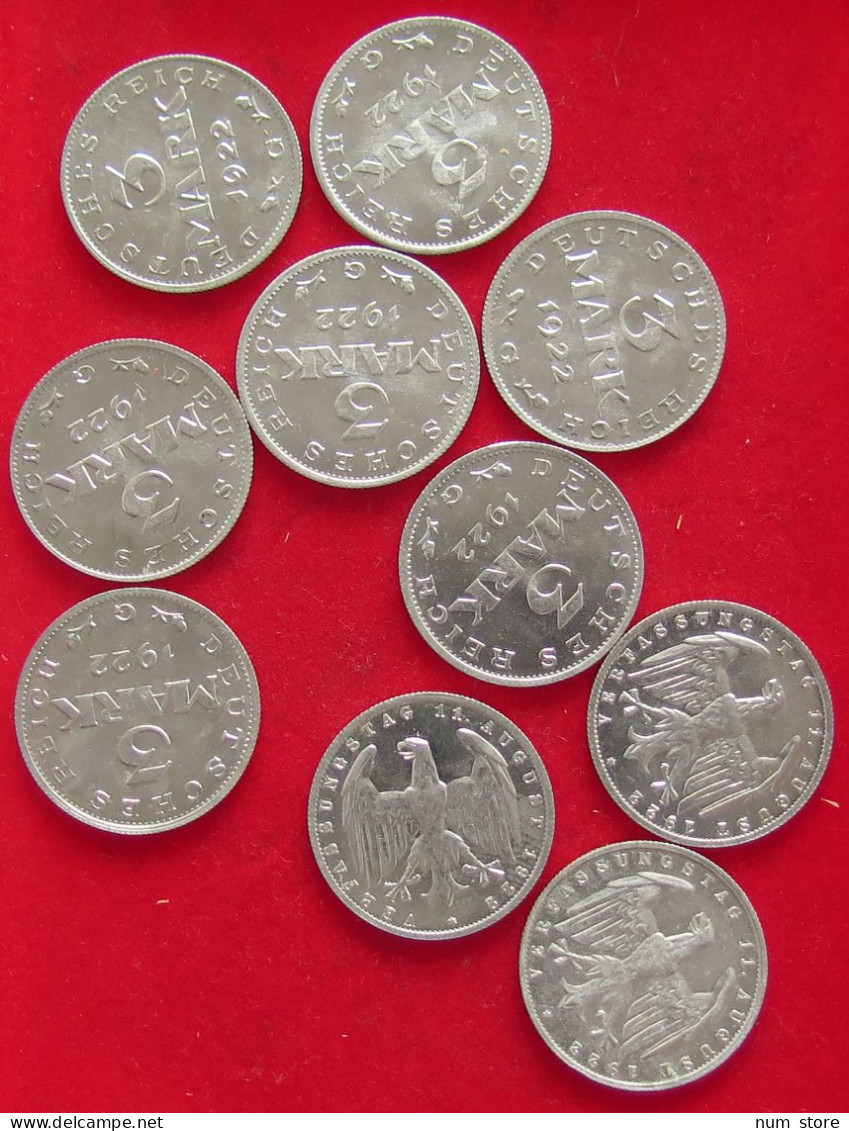 COLLECTION LOT GERMANY WEIMAR 3 MARK 10PC 21G #xx40 1112 - Colecciones