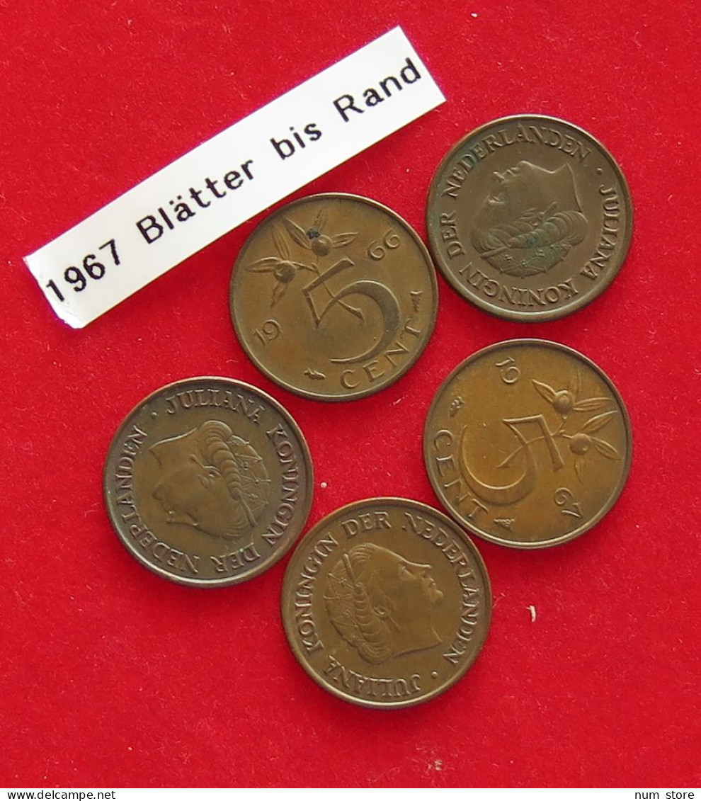 COLLECTION LOT NETHERLANDS 5 CENTS 1967 Leaves Nearly Touching Rim 5PC 18G #xx40 1717 - Collections