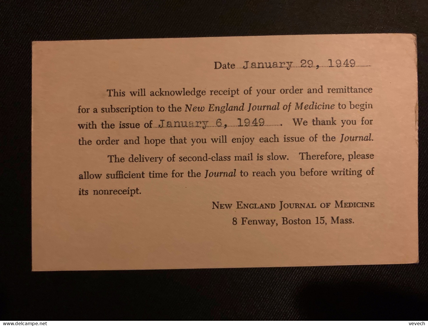 CP EP 1c + TP 1c Paire OBL.MEC. JAN 30 1949 BOSTON +NEW ENGLAND JOURNAL OF MEDICINE - Briefe U. Dokumente