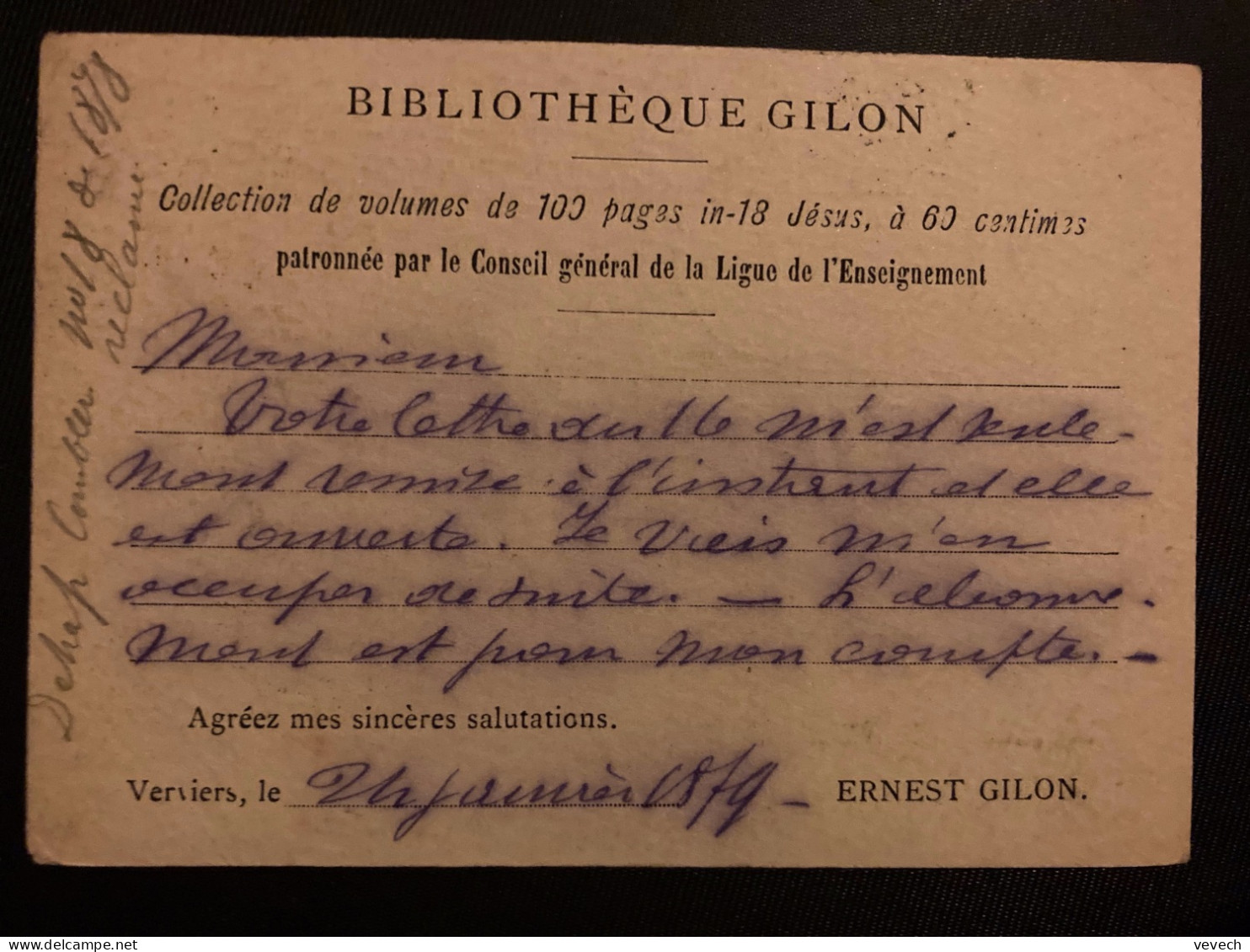 CP EP 5 + TP 5 OBL.24 JANV 1879 VERVIERS + BIBLIOTHEQUE GILON Pour M SAINT DENIS + OBL. ELBEUF (76) + OBL. ROUGE - 1869-1888 León Acostado