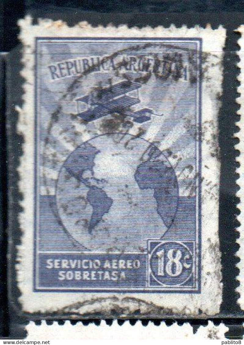 ARGENTINA 1928 AIR POST MAIL CORREO AEREO AIRMAIL AIRPLANE PLANE CIRCLES THE GLOBE 18c USED USADO OBLITERE' - Airmail