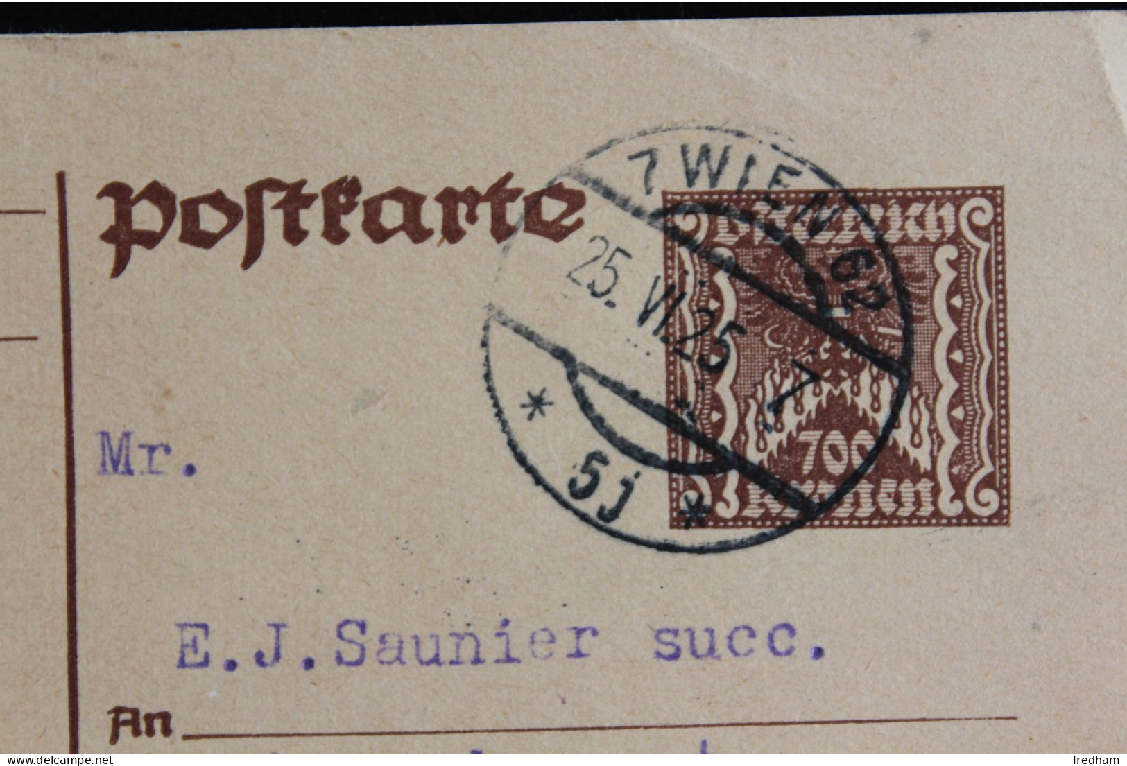 1925 CACHET 7 WIEN 62 5J 25-VI-1925 ENTIER CP  700 KRONEN POUR MONTBELIARD FRANCE - Postkarten