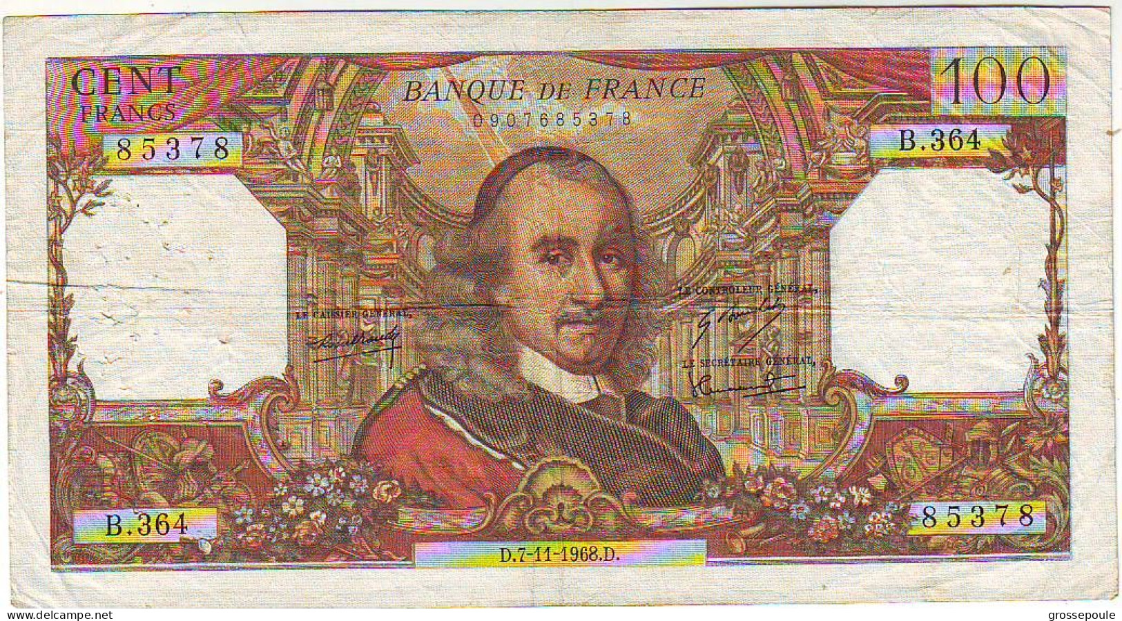 100 FRANCS CORNEILLE Du D.7.11.1968.D - B 364 N° 85378 -  TTB (6.5/10) - 100 F 1964-1979 ''Corneille''