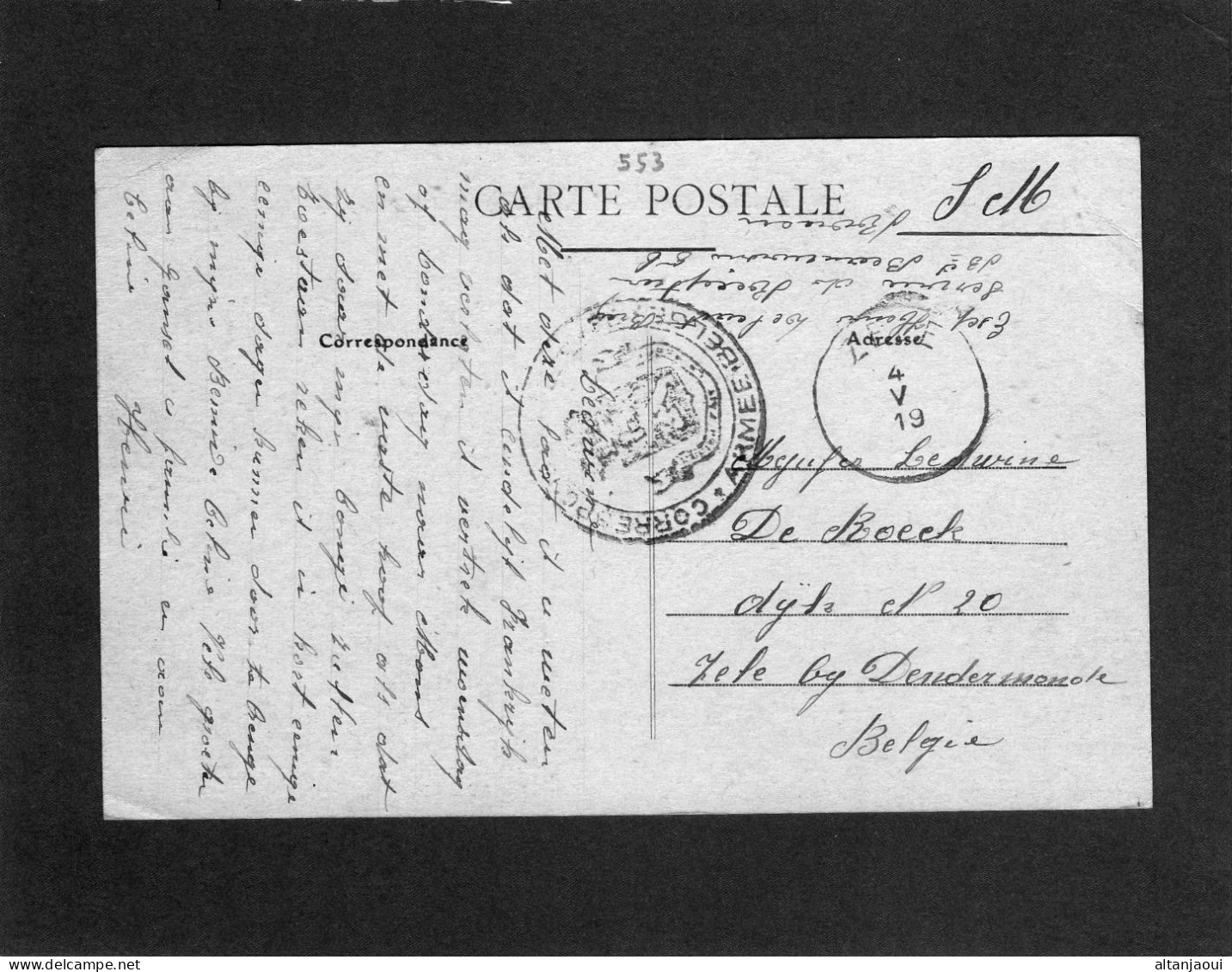 CACHET Correspondance Privée - Armée- Belgique. ( 553  1/2 ) . Militaire Belge Annonçant Sa Démobilisation Prochaine. - Brieven En Documenten