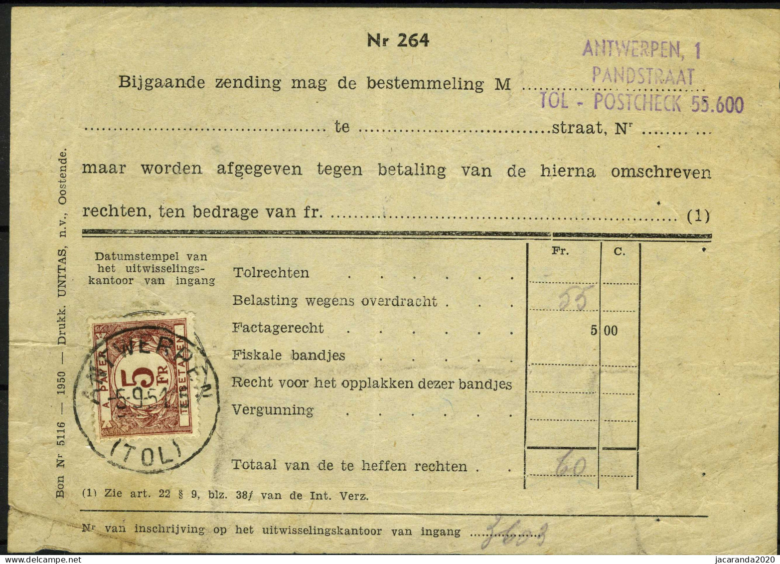 TX 62 - 5F Bruinpaars Op Document - Postcheck - TOL - Lettres & Documents