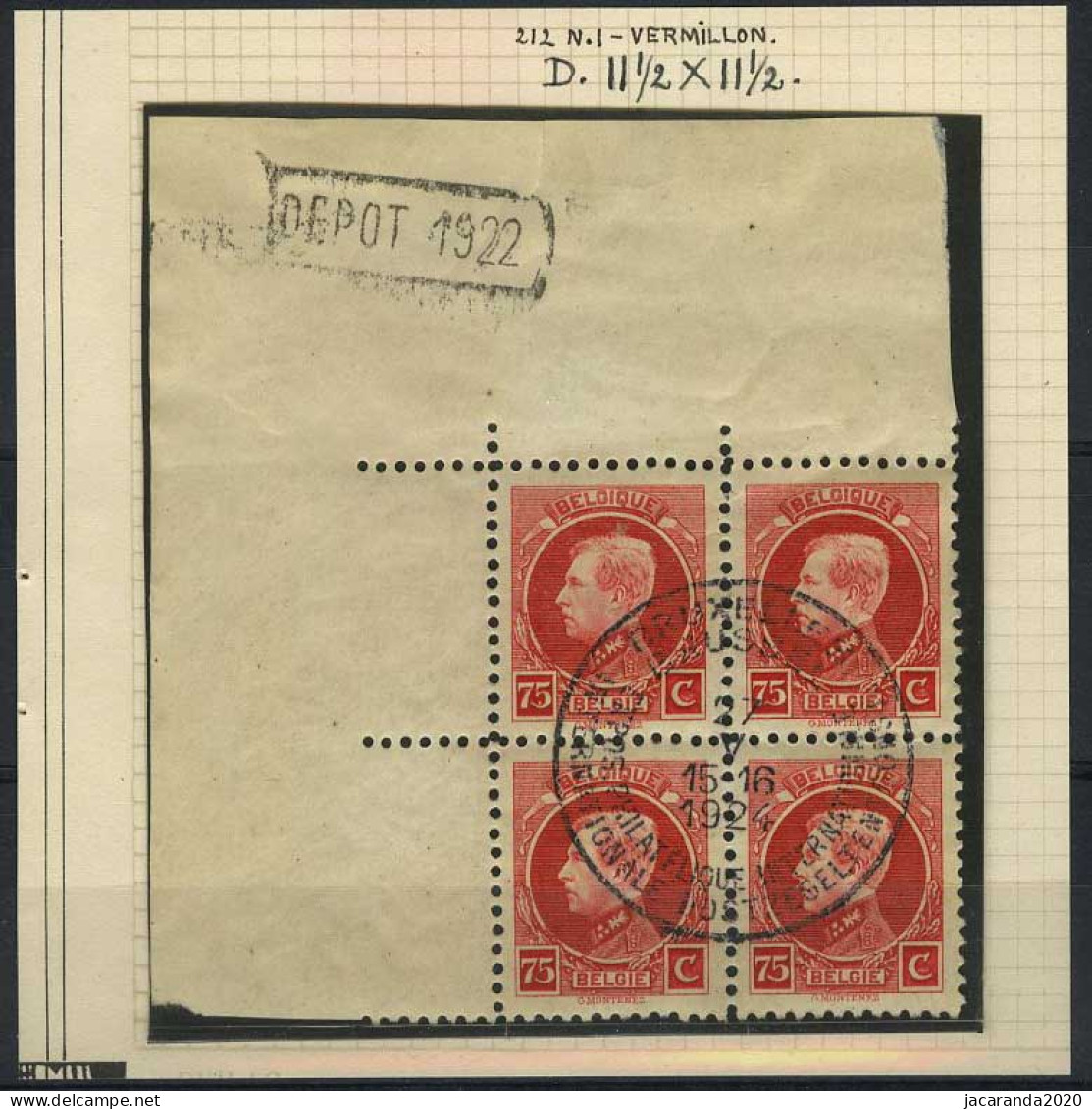 België DEPOT Stempel Op 212 In Blok Van 4 - Kleine Montenez - 75c Vermiljoen - Met Gelegenheidsafstempeling - 1921-1925 Petit Montenez