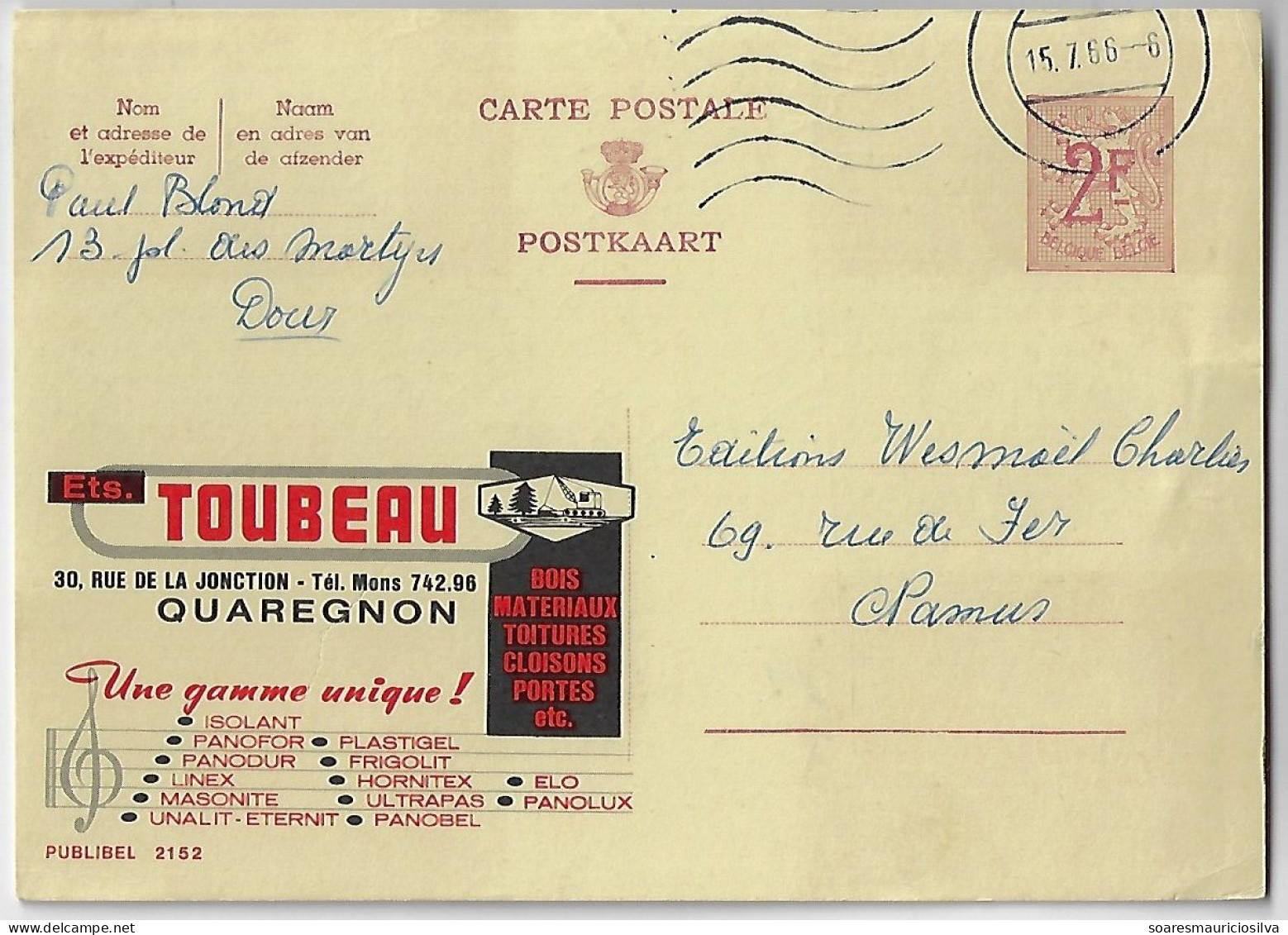 Belgium 1966 Postal Stationery Card Publibel No. 2152 Wood Industry Toubeau From Dour To Namur Tractor Tree Sheet Music - Sonstige (Land)
