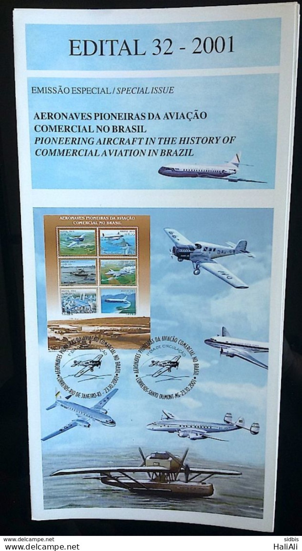 Brochure Brazil Edital 2001 32 Pioneering Aircraft In The History Of Commercial Aviation - Lettres & Documents