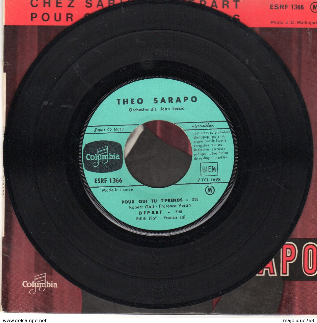 Disque De Théo Sarapo - Pour Qui Tu T'prends - Columbia ESRF 1366 - France 1962 - Disco, Pop