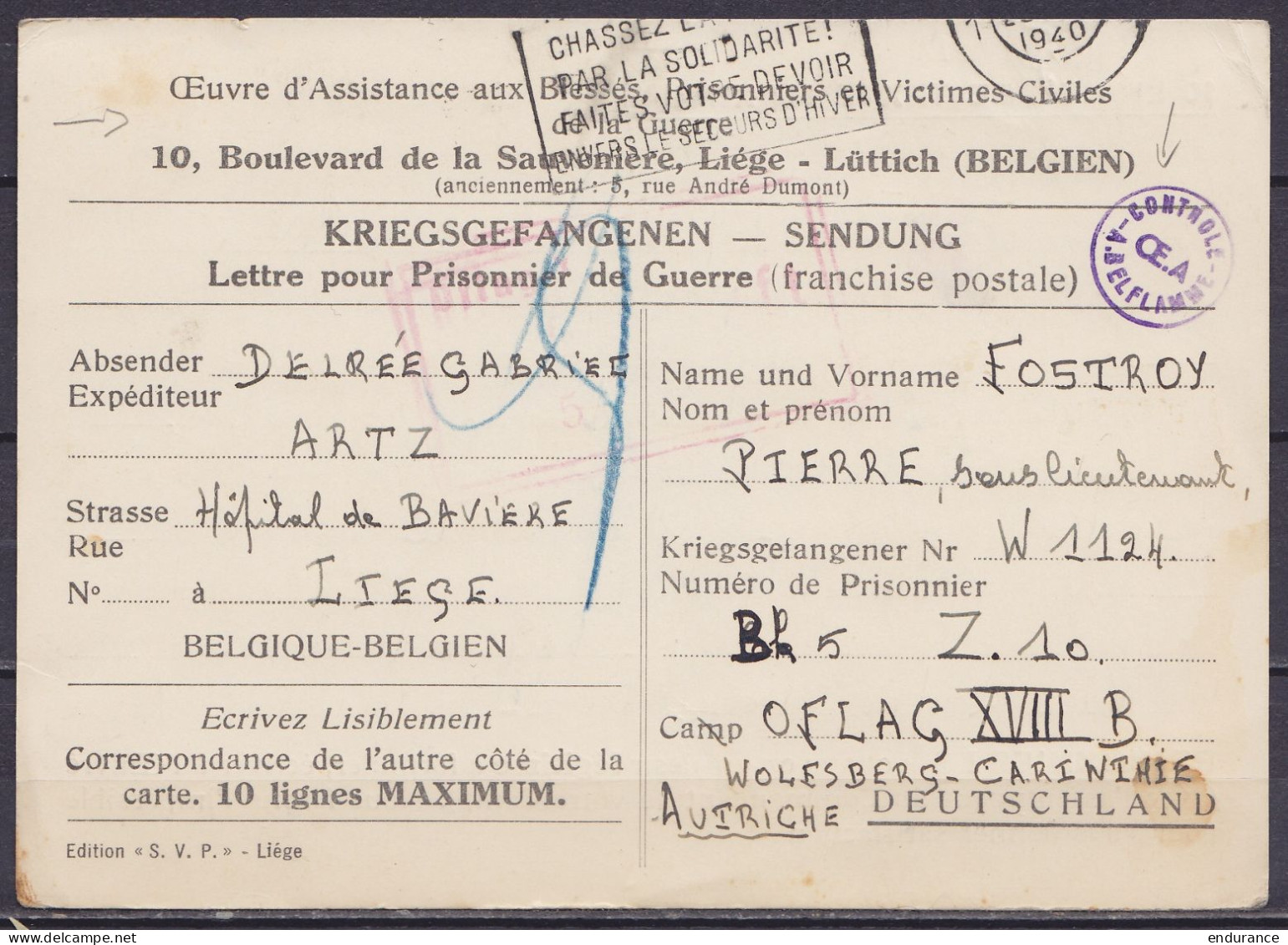 Courrier Pour Prisonnier De Guerre En Franchise (Œuvre D'assistance Aux Blessés, Prisonniers Et Victimes Civiles De La G - WW II (Covers & Documents)