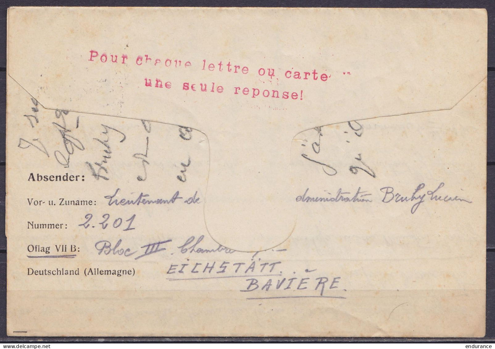 Courrier De Prisonnier "Kriegsgefangenenpost" Càd Muet -5.12.1940 De EICHSTATT (Bavière) Pour ATH - Cachet Censure Oflag - Weltkrieg 1939-45 (Briefe U. Dokumente)