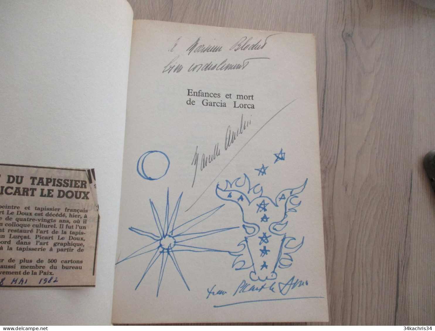 Envoi De Marcelle Auclair Et Dessin De Jean Picart Le Doux Sur Enfances Et Mort De Garcia Lorca  Seuil 1968 1ère édition - Autographed