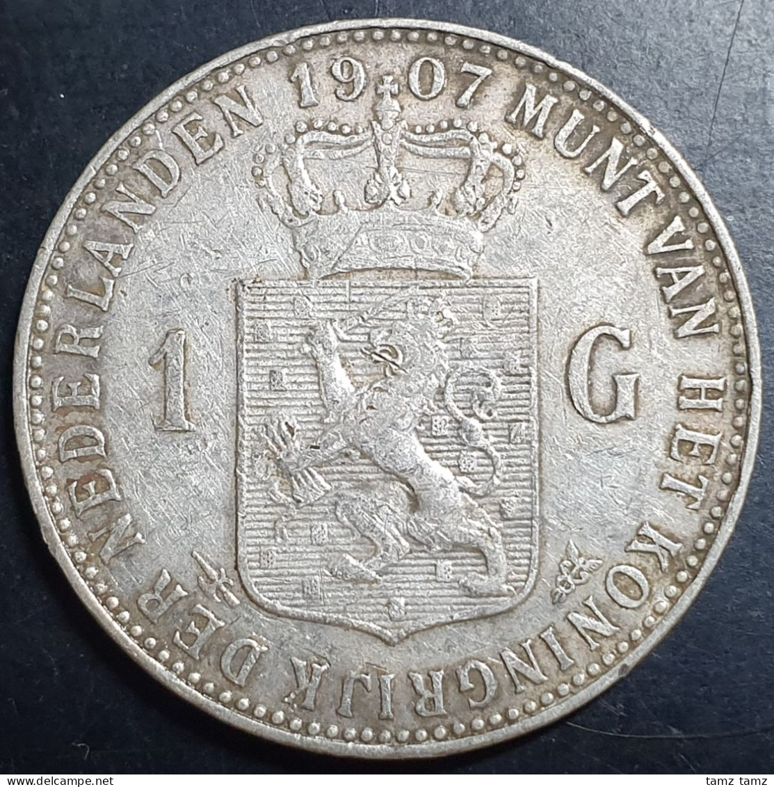 Netherlands 1 Gulden Wilhelmina Crown 1907 Silver VF - 1 Gulden