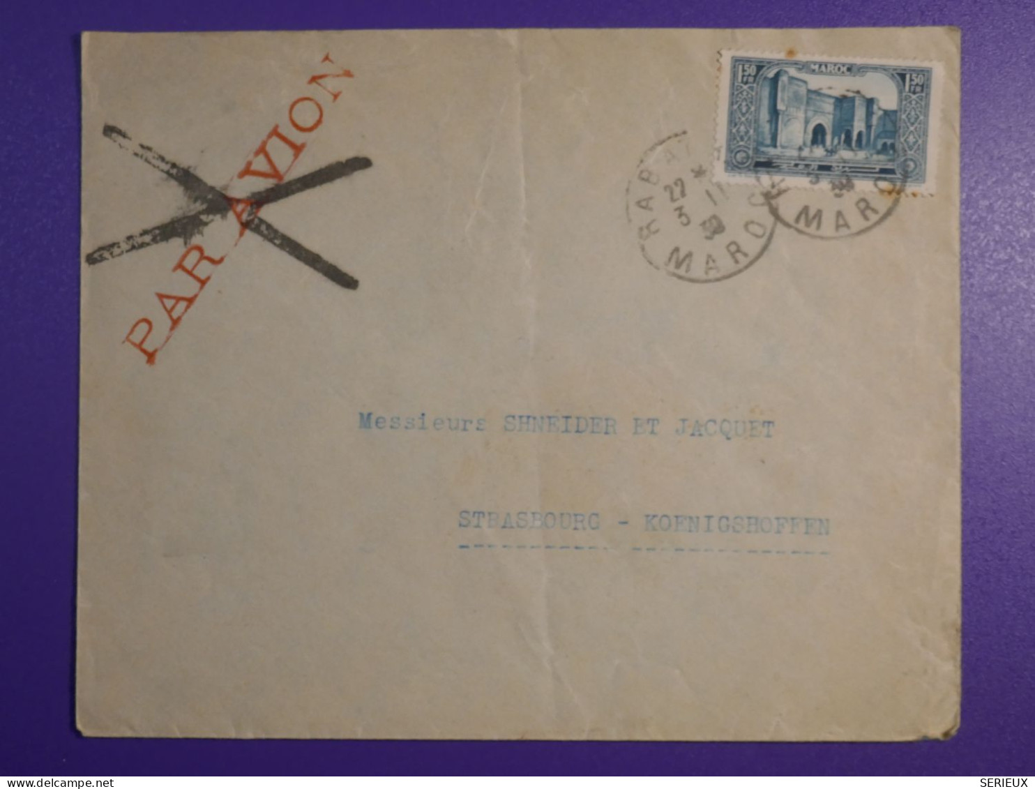 DM 10    MAROC BELLE  CARTE  LETTRE 1934  RABAT A STRASBOURG  FRANCE     +AFF. INTERESSANT +++ - Lettres & Documents