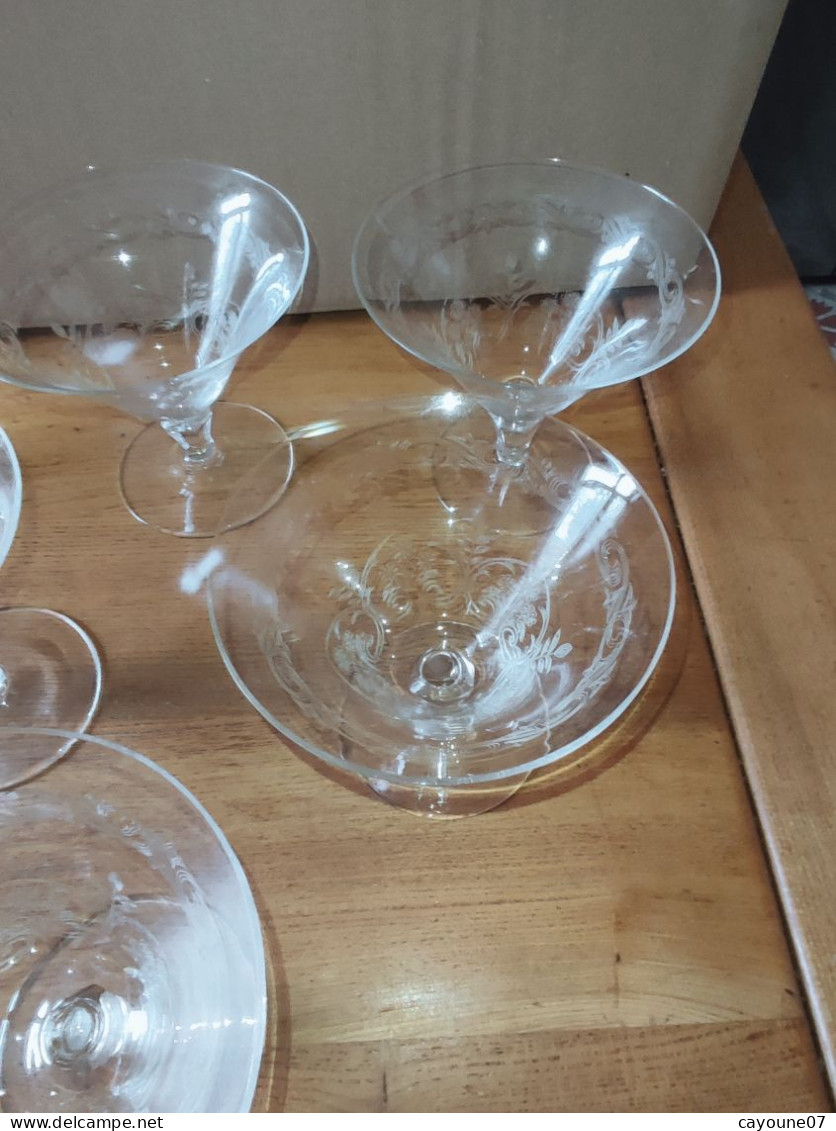 Six coupes à champagne  en cristal gravé décor de fleurs feuillage et frise dans le goût de Baccarat St Louis