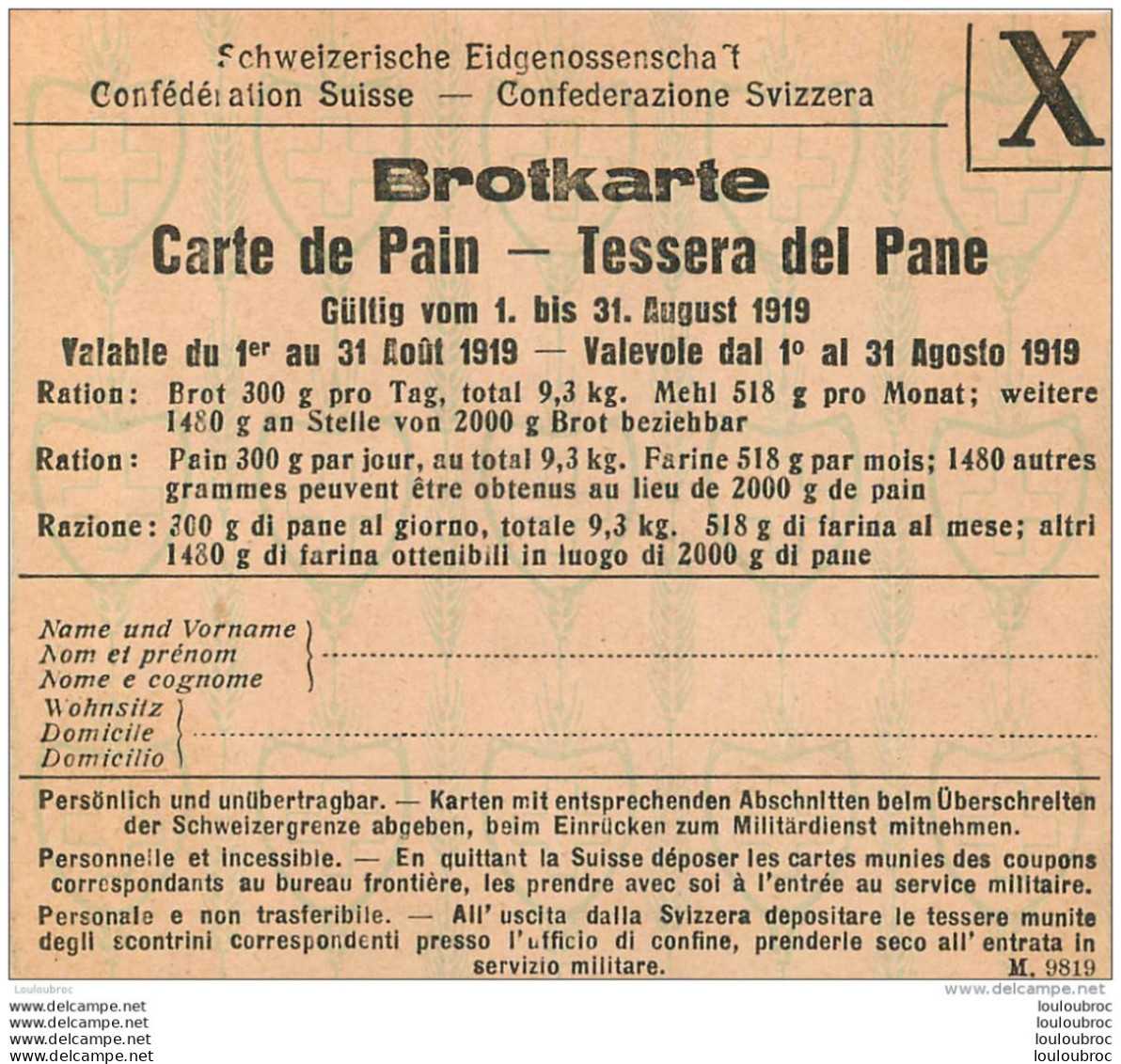 CARTE DE PAIN  BROTKARTE AOUT 1919 - Documents Historiques