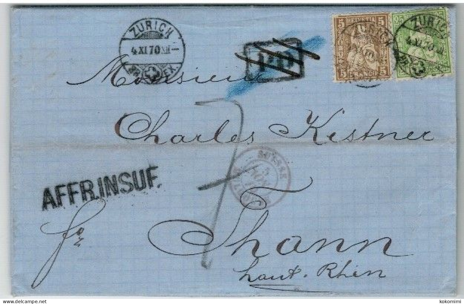 Lac  De ZURICH Pour THANN ALSACE + Cachet AFFR.INSUF  Du 4 Novembre 1870 - Cartas & Documentos