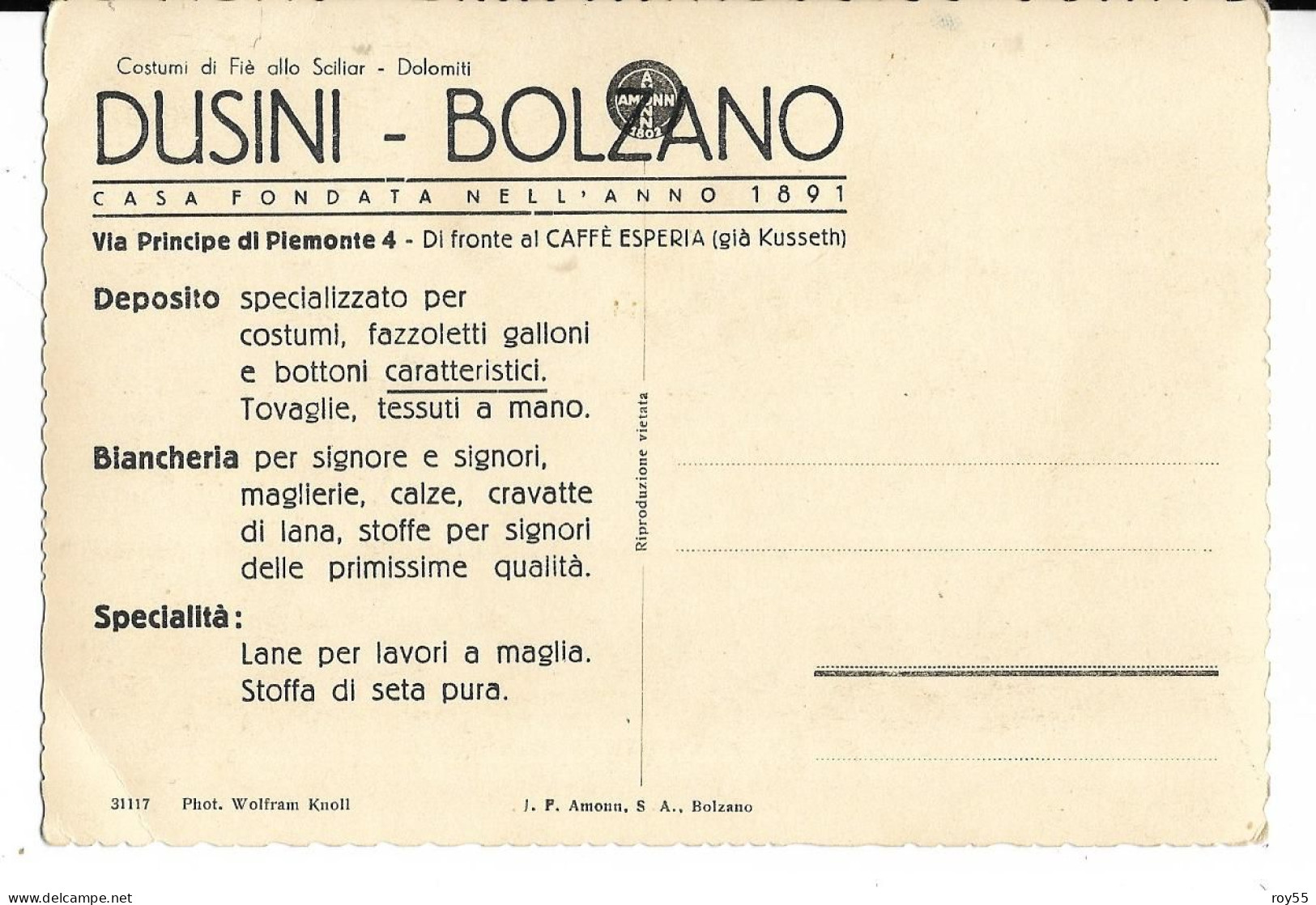 Trentino Alto Adige-bolzano-fie Allo Sciliar Costumi Locali Dusini Casa Fondata Nel 1891 (v.retro Pubblicita') - Sonstige & Ohne Zuordnung