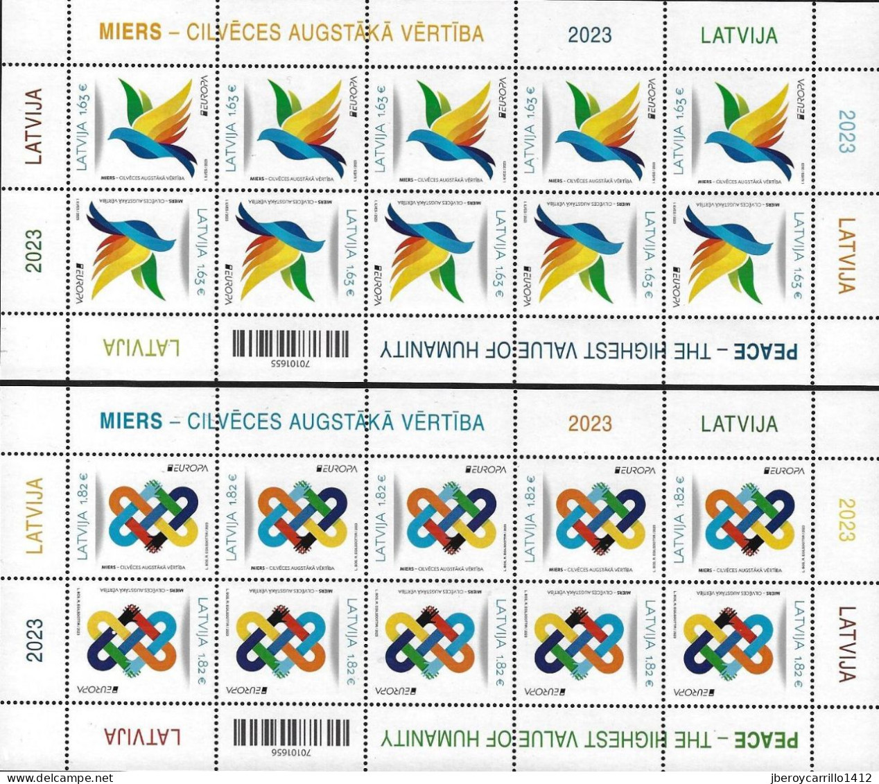 LETONIA /LATVIA /LETTLAND /LETTONIE -EUROPA-CEPT 2023-"PEACE –The Highest Value Of Humanity"-TWO SHEETS Of The 10 STAMPS - 2023