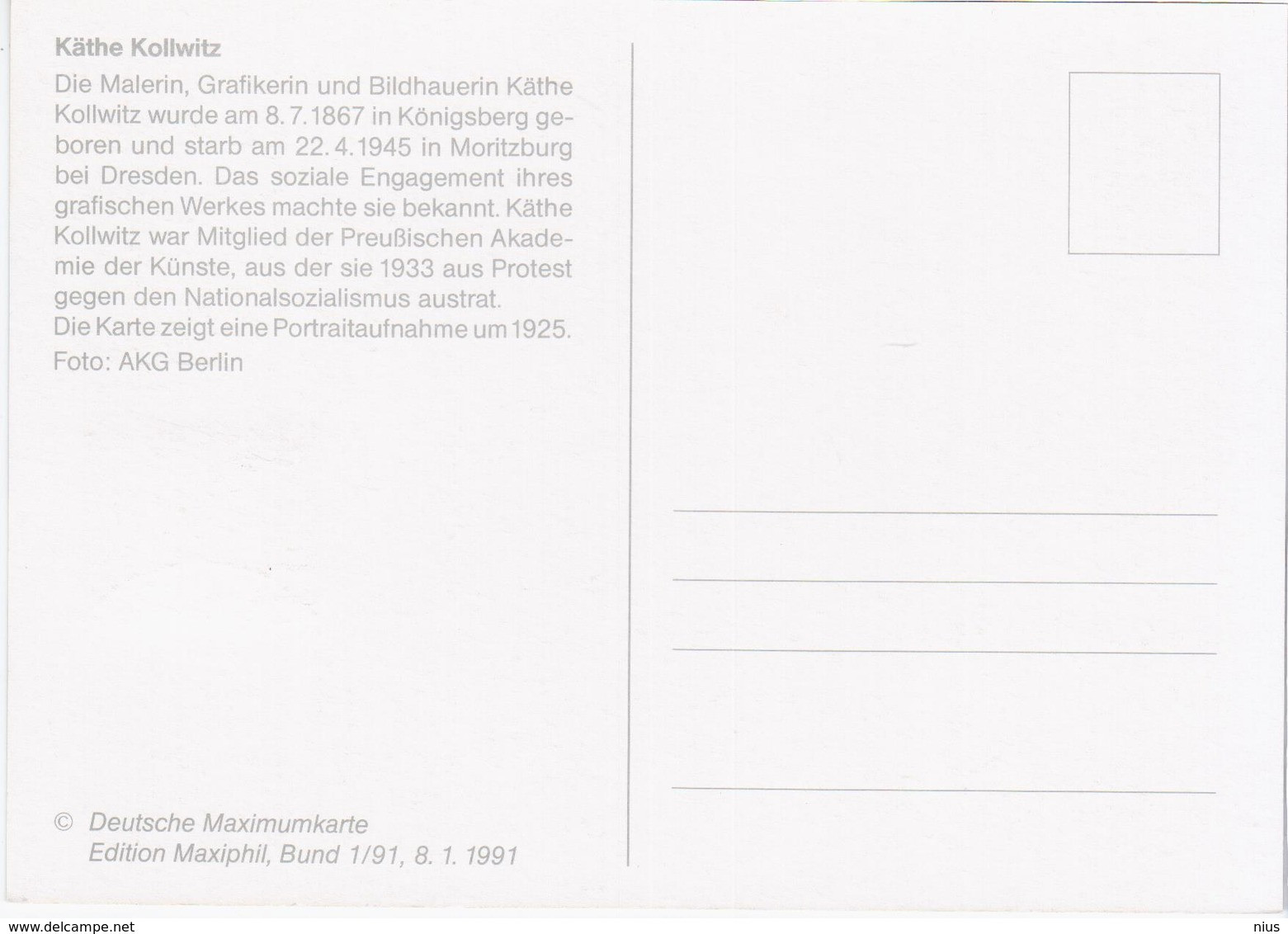 Germany Deutschland 1991 Maximum Card, Kathe Kollwitz, Painter Artist, Bonn - 1981-2000