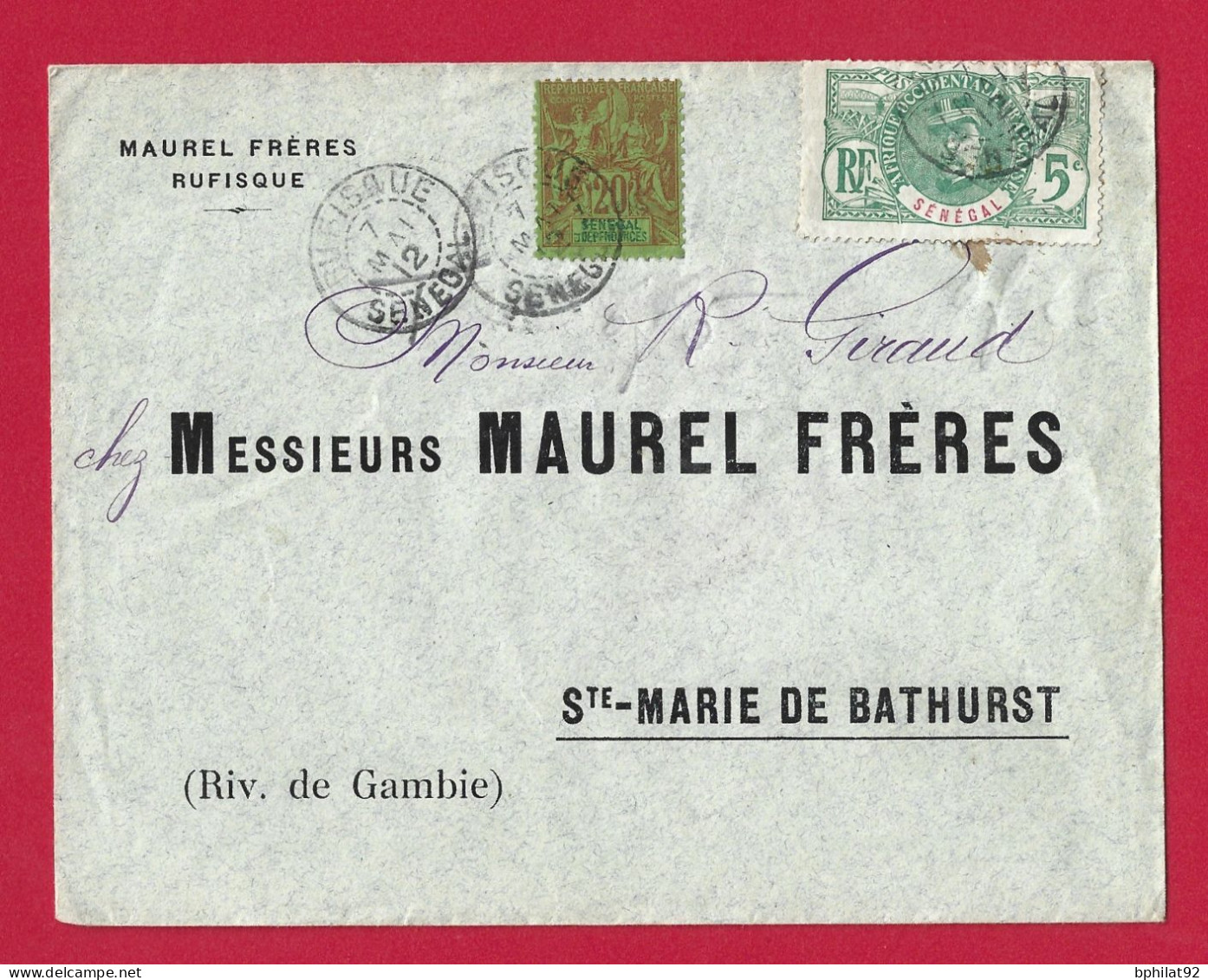 !!! SÉNÉGAL, LETTRE AVEC TARIF IMPRIMÉ DE RUFISQUE POUR LA GAMBIE, TRANSIT À DAKAR, DE MAI 1912 - Storia Postale