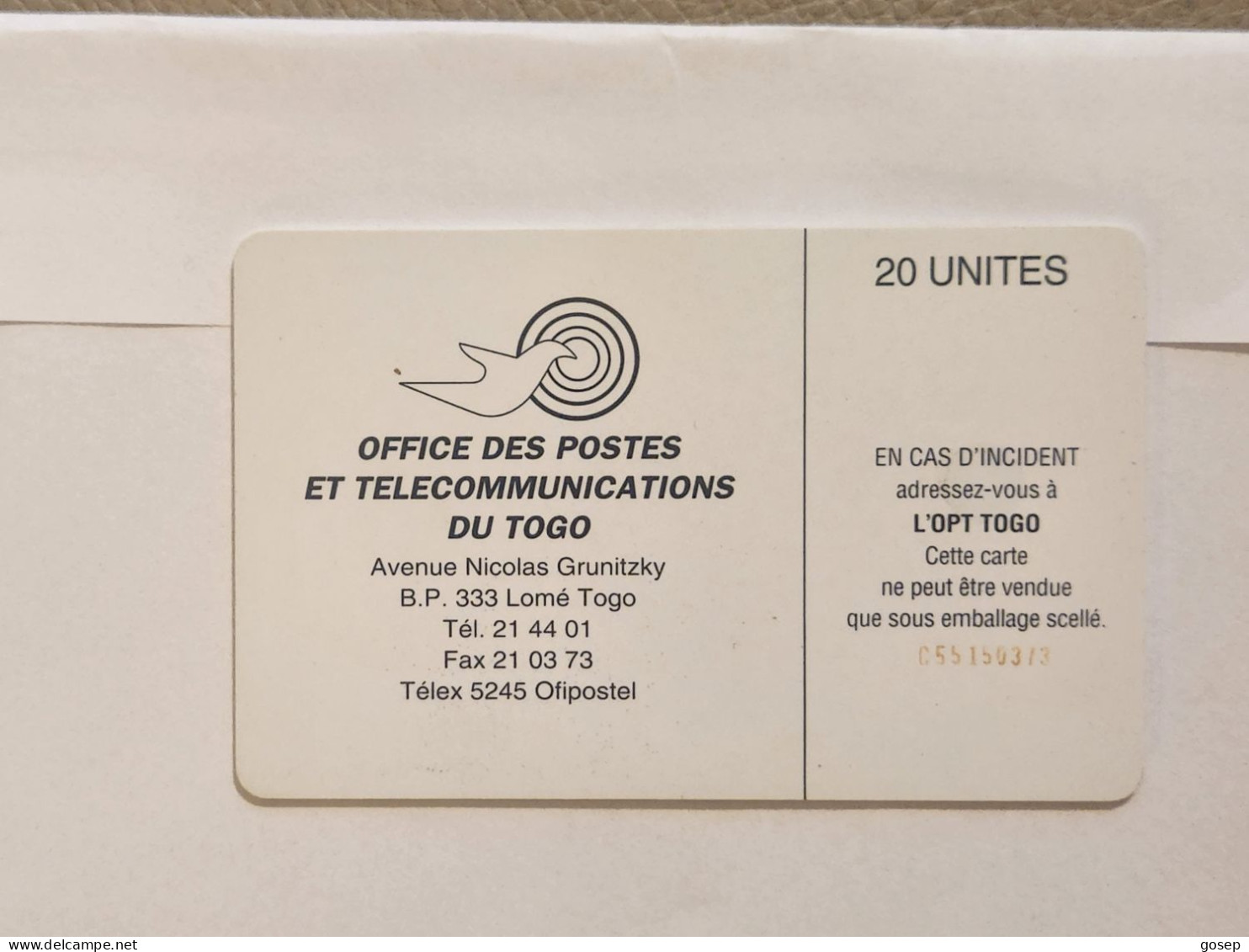 TOGO-(TG-OPT-0005)-Earth Station 20-Reverse 1-(26)-(20units)-(C55150373)-used Card+1card Prepiad Free - Togo