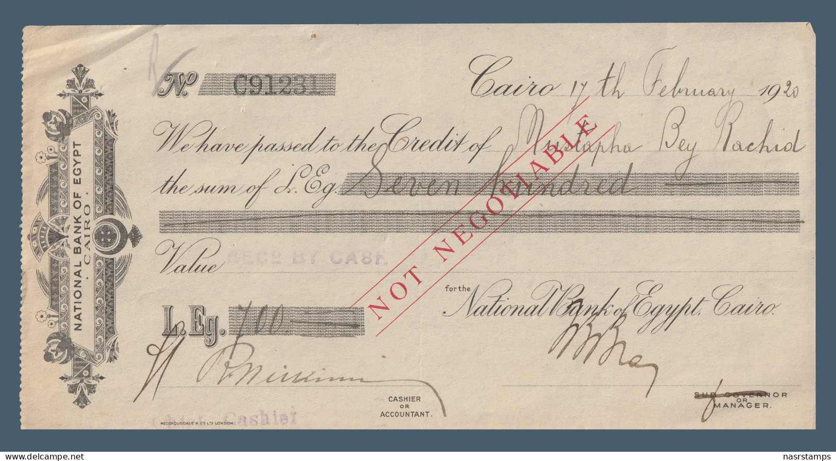 Egypt - 1920 - Vintage Check - ( National Bank Of Egypt - Cairo ) - Cheques En Traveller's Cheques