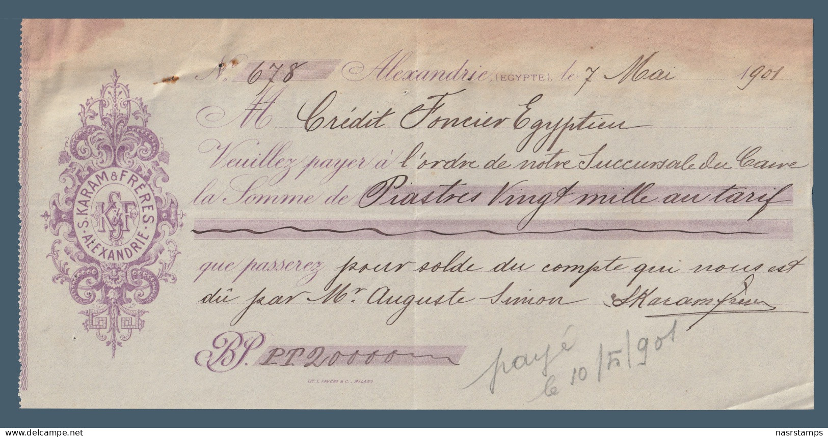 Egypt - 1901 - Vintage Receipt - ( S. KARAM & FRERES - Alex. ) - Cheques En Traveller's Cheques