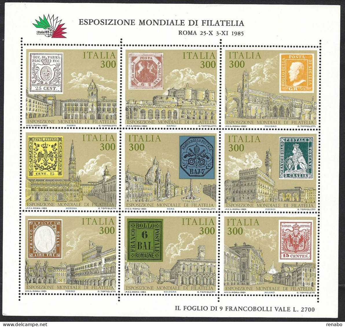 Italia 1985; “ITALIA ‘85”, Esposizione Internazionale Di Filatelia: Antichi Stati Italiani, Foglietto Di 9 Valori. - 1981-90: Mint/hinged