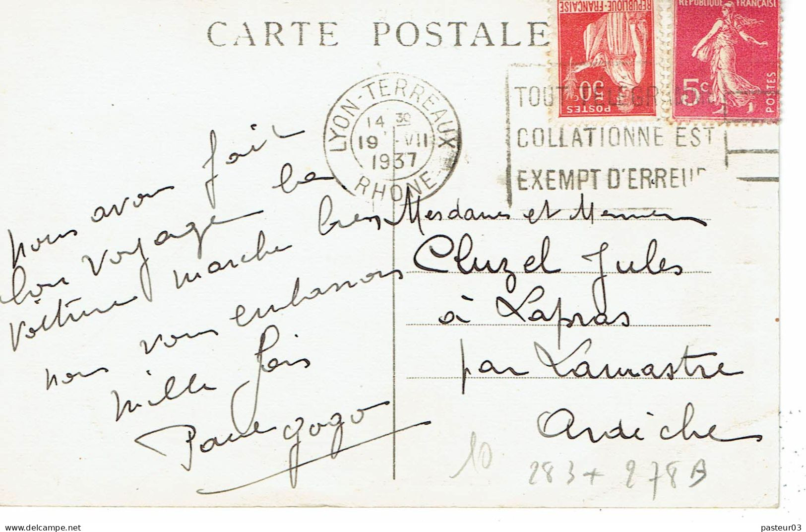 283 + 278 B Paix 50 C. Rouge Plus Semeuse Camée 5 C. Rose Flamme Flier Lyon Terreaux Rhone 10-8-1937 - 1932-39 Frieden