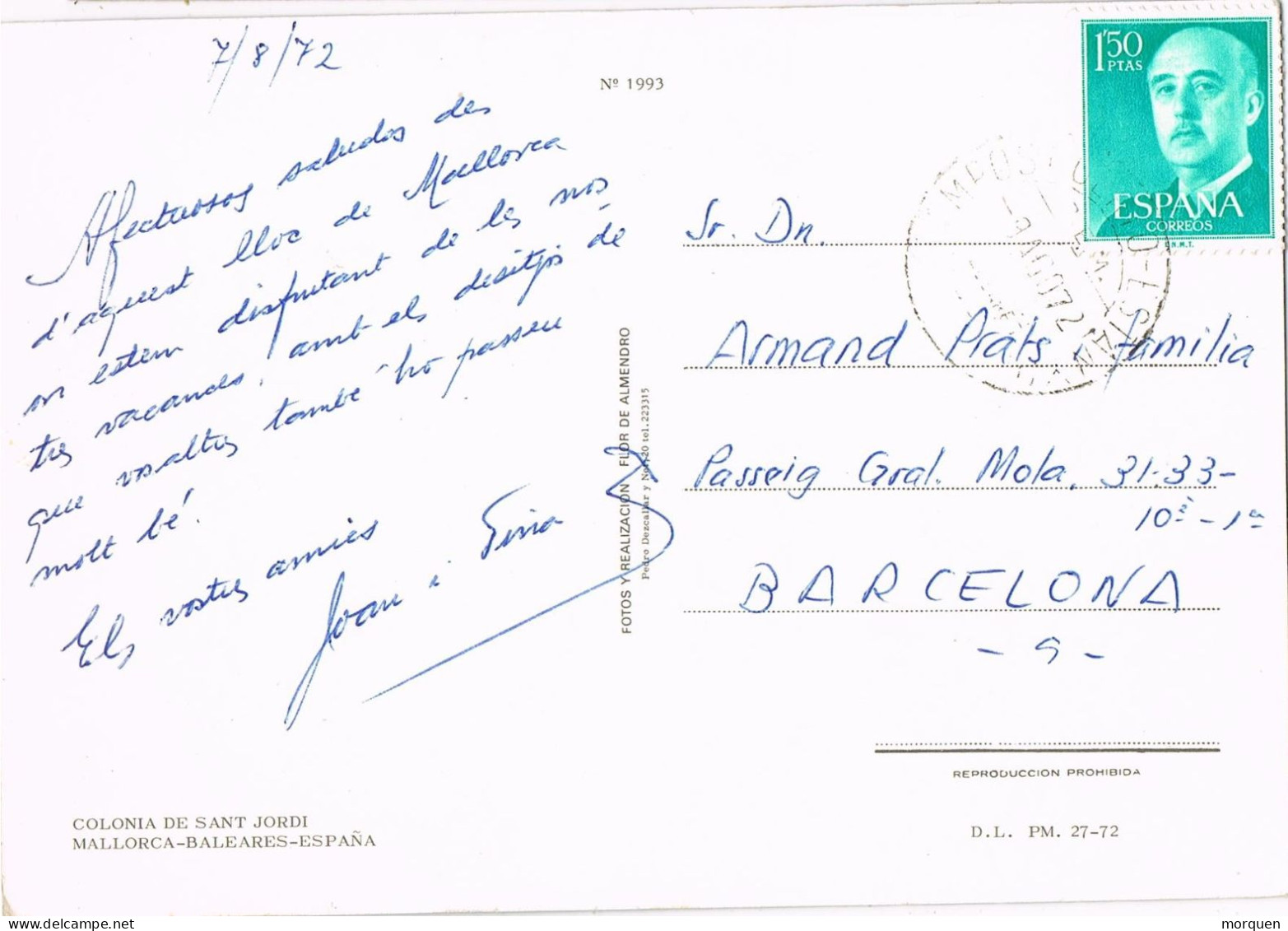 54663. Postal COLONIA SANTJORDI (Mallorca) 1972. Fechador C.E.M. CAMPOS DEL PUERTO-ESTANYOL - Covers & Documents