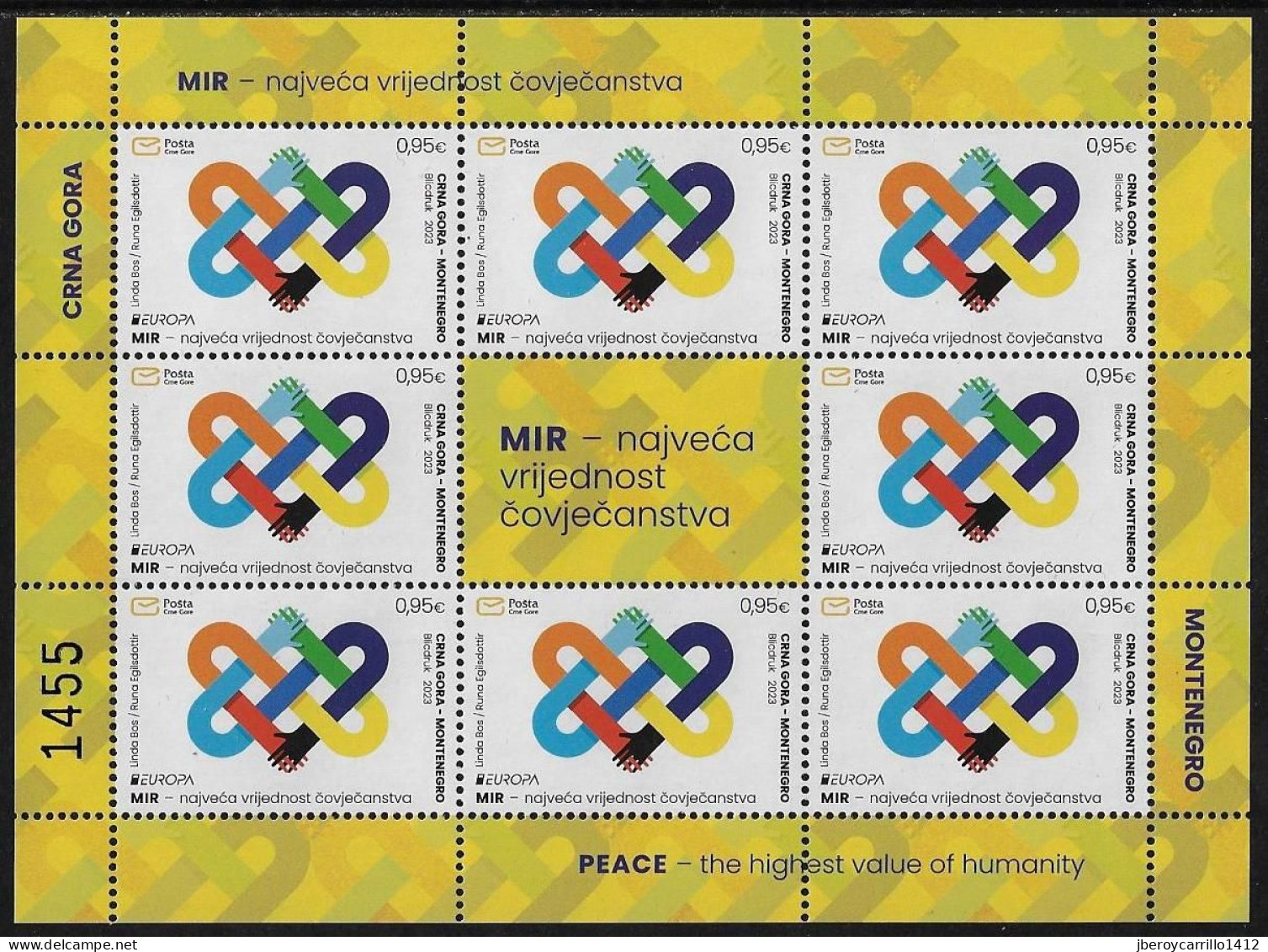 MONTENEGRO /CRNA GORA  -EUROPA-CEPT 2023-"PEACE –The Highest Value Of Humanity"- SHEET Of The 8 STAMPS MINT + LABEL - 2023