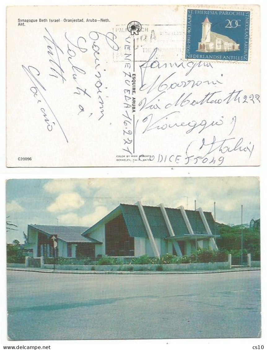 Nederland Antillen Aruba Church C.20 Solo Franking Airmail Pcard Synagogue Oranjestad Aruba 16feb1971 X Italy - Aruba