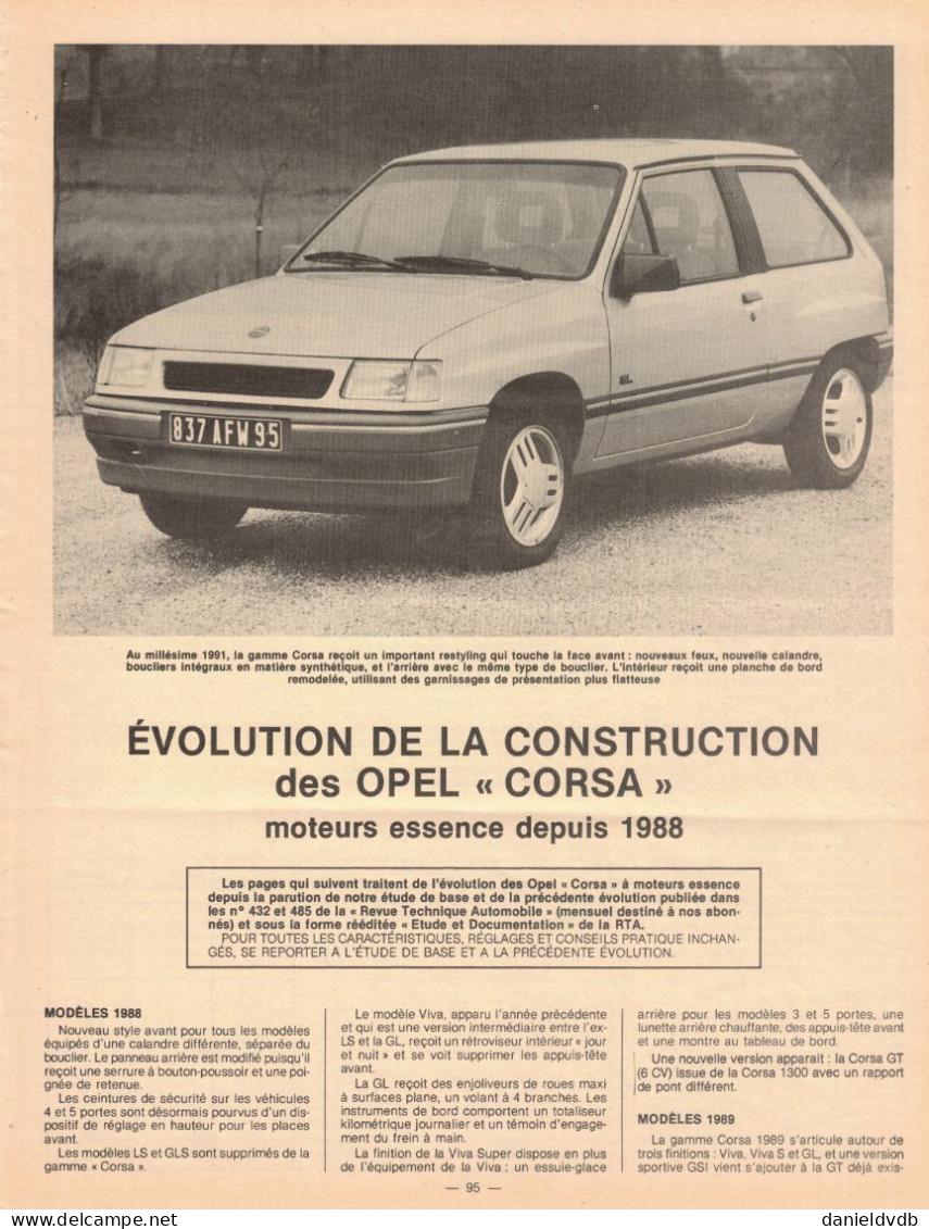 Opel Corsa 14NW & E16SE Essence Evolution 1988-1991 5 Feuillets Recto-verso Extraits De RTA - Auto