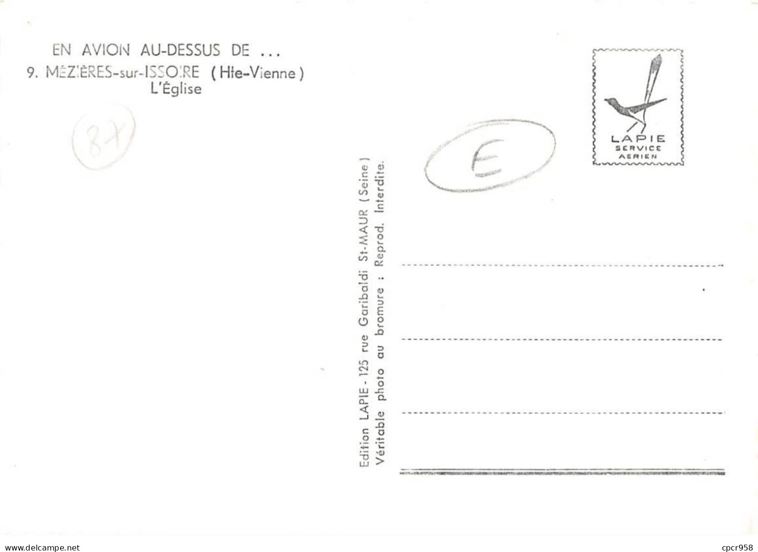 87 . N°sac11128 . Mézières-sur-issoire . L'église N°9 . En Avion Au Dessus De . Cpsm 10X15 Cm . LAPIE - Meziere Sur Issoire