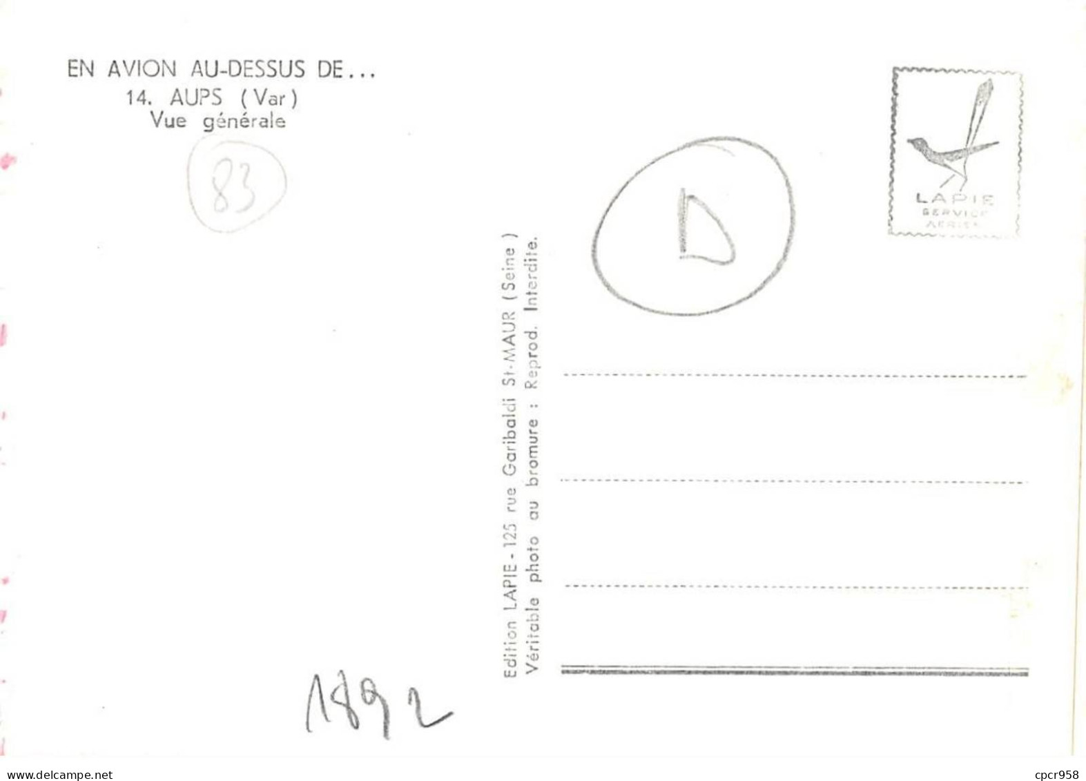 83 . N°sac10871 . AUPS . Vue Générale N°14 . En Avion Au Dessus De . Cpsm 10X15 Cm . LAPIE - Aups