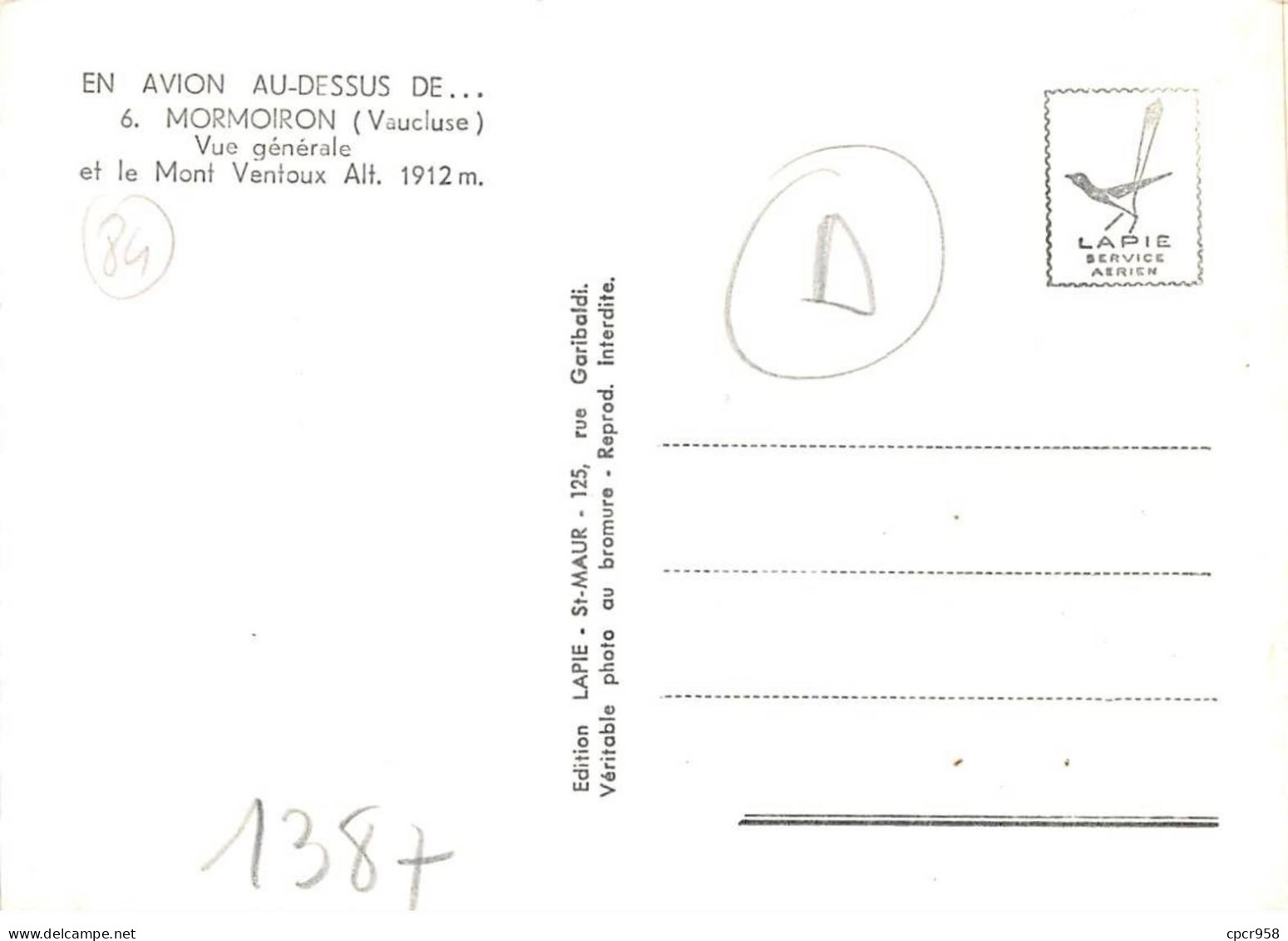 84 . N°sac10940 . MORMOIRON . Vue Générale N°6 . En Avion Au Dessus De . Cpsm 10X15 Cm . LAPIE - Mormoiron