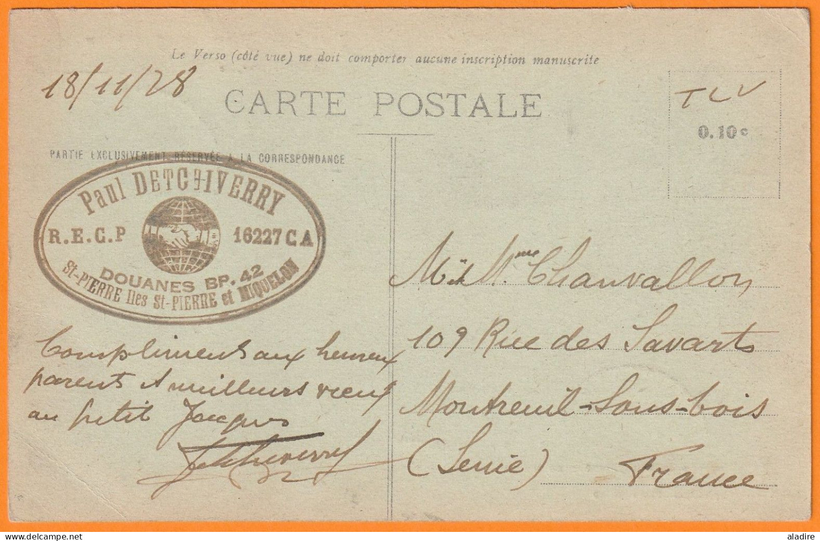 1928 - 40 C Goéland Sur Carte Postale De St Pierre Et Miquelon Vers Montreuil Sous Bois - Cachet à Tirets - Storia Postale