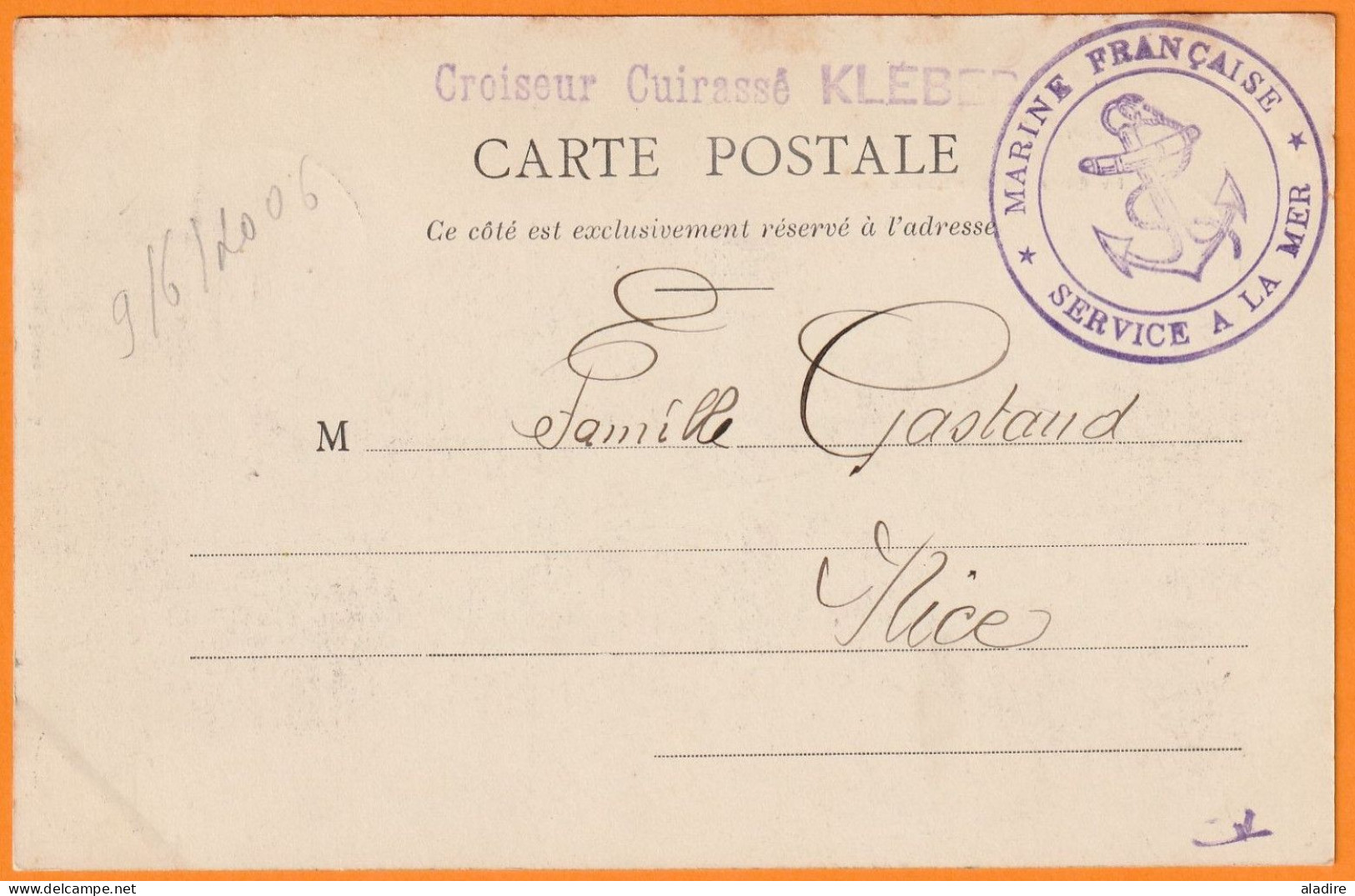 1907 - 5 C Groupe Sur Carte Postale De St Pierre Et Miquelon Vers Nice Par Croiseur Cuirassé Kléber - Service à La Mer - Lettres & Documents