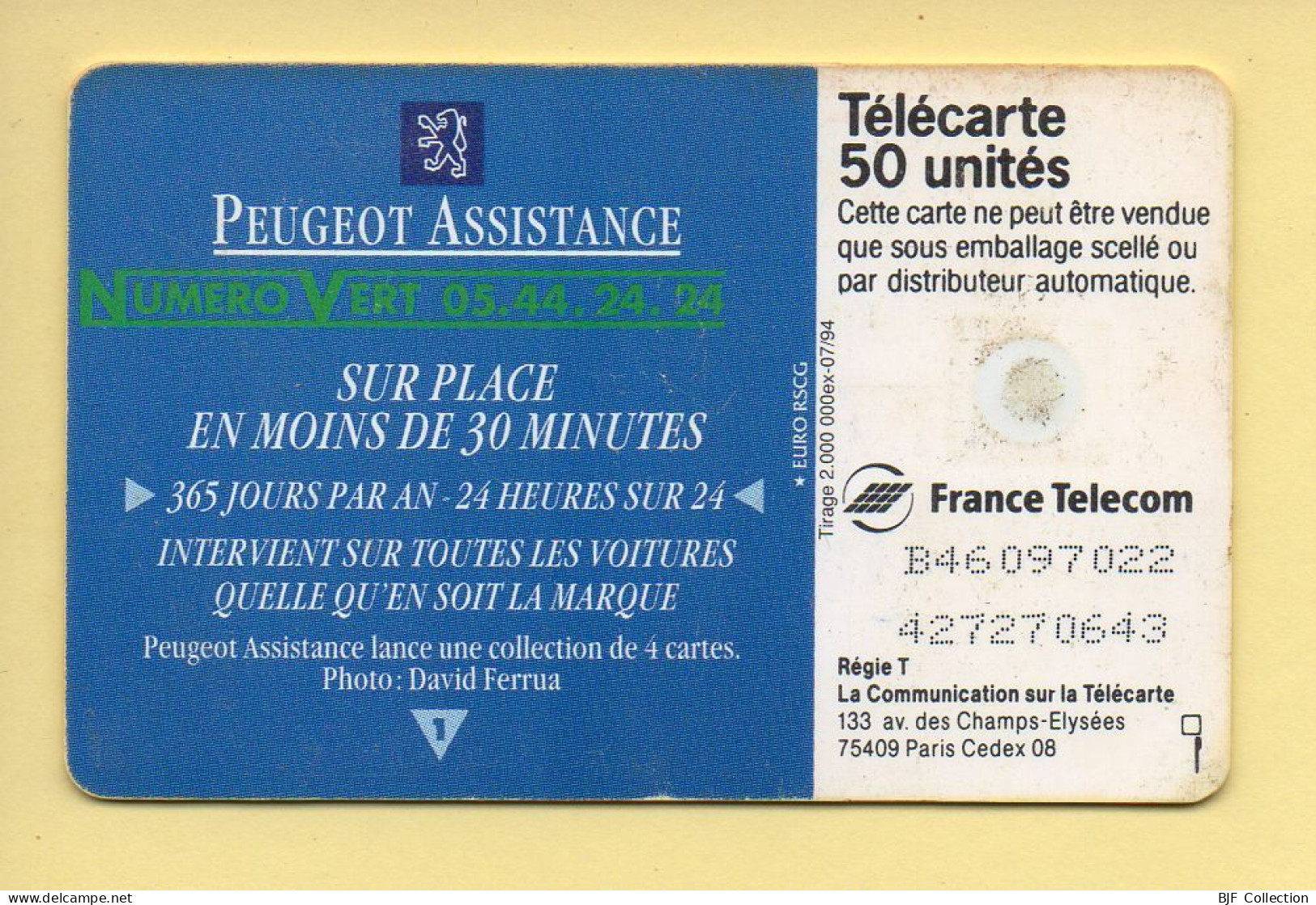 Télécarte 1994 : PEUGEOT ASSISTANCE 1 / 50 Unités / Numéro B46097022/427270643 / 07-94 (voir Puce Et Numéro Au Dos) - 1994