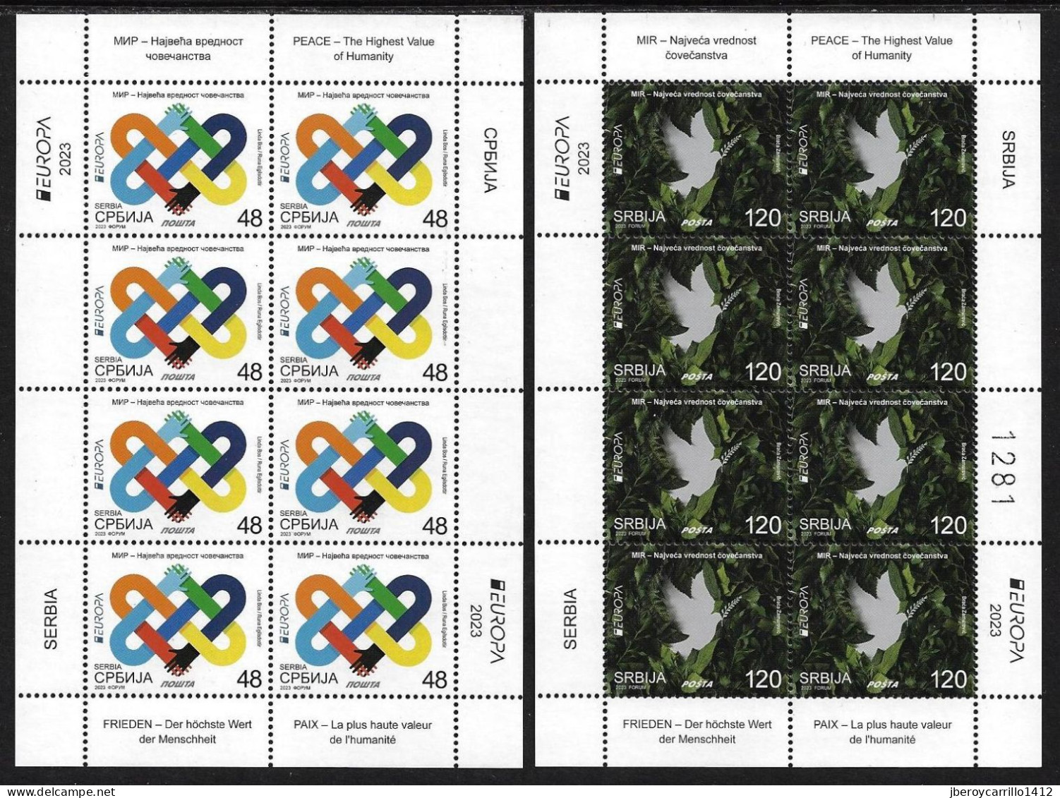 SERBIA /SERBIEN /SRBIJA /SERBIE -EUROPA 2023-"PEACE –The Highest Value Of Humanity"- TWO SHEET Of The 8 STAMPS MINT - 2023