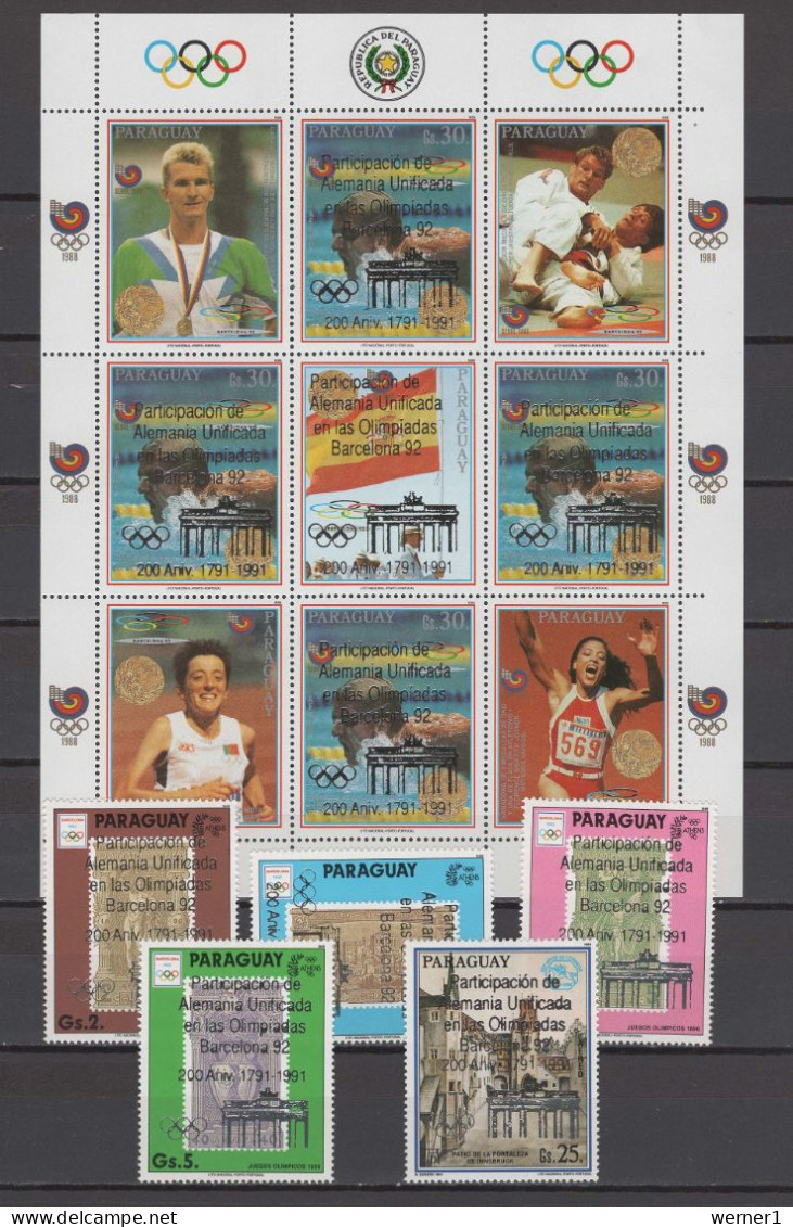 Paraguay 1991 Olympic Games Barcelona, Swimming, Judo Etc. Sheetlet + 5 Stamps With Silver Overprint MNH - Ete 1992: Barcelone
