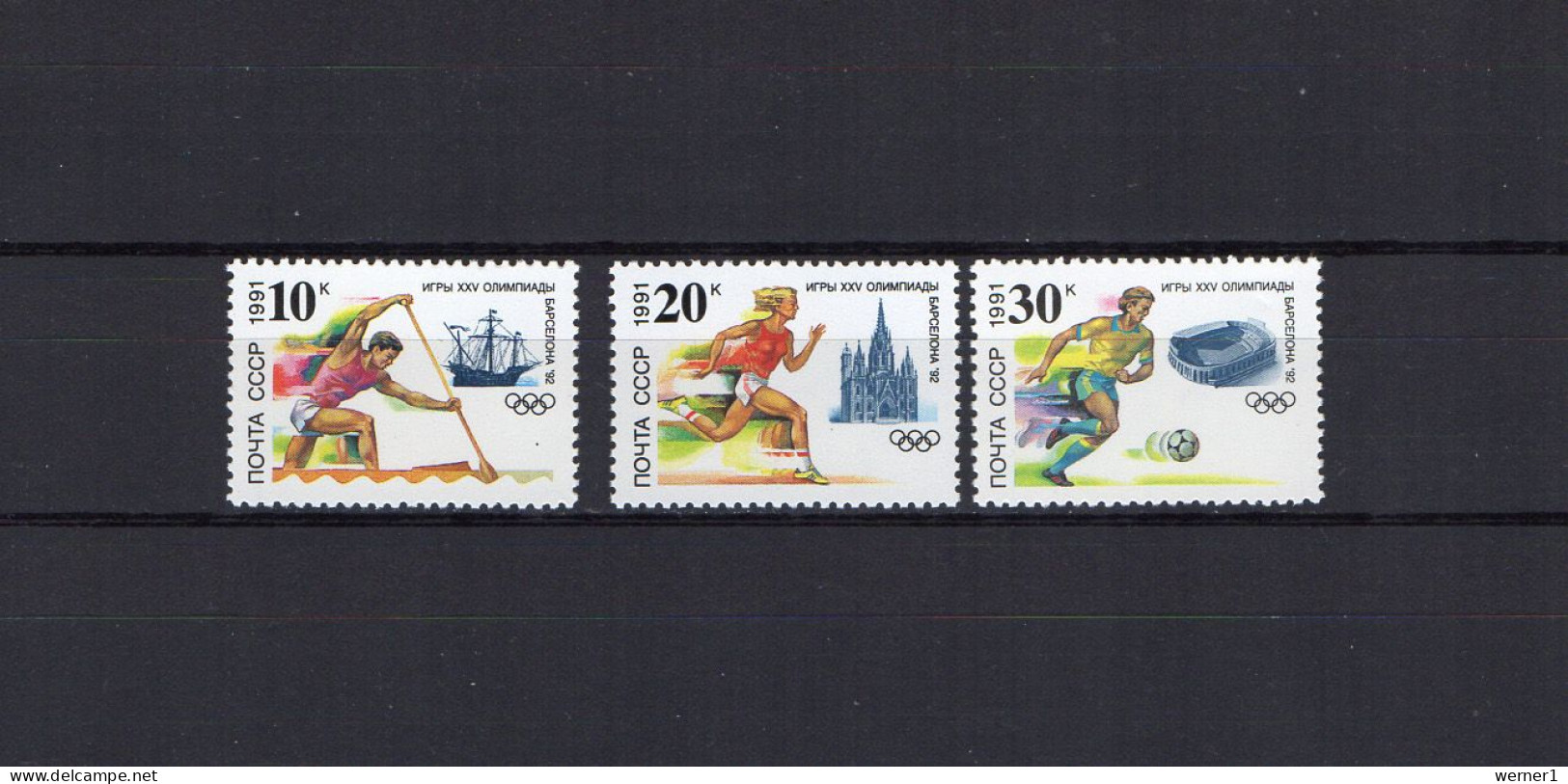 USSR Russia 1991 Olympic Games Barcelona, Rowing, Athletics, Football Soccer Set Of 3 MNH - Estate 1992: Barcellona