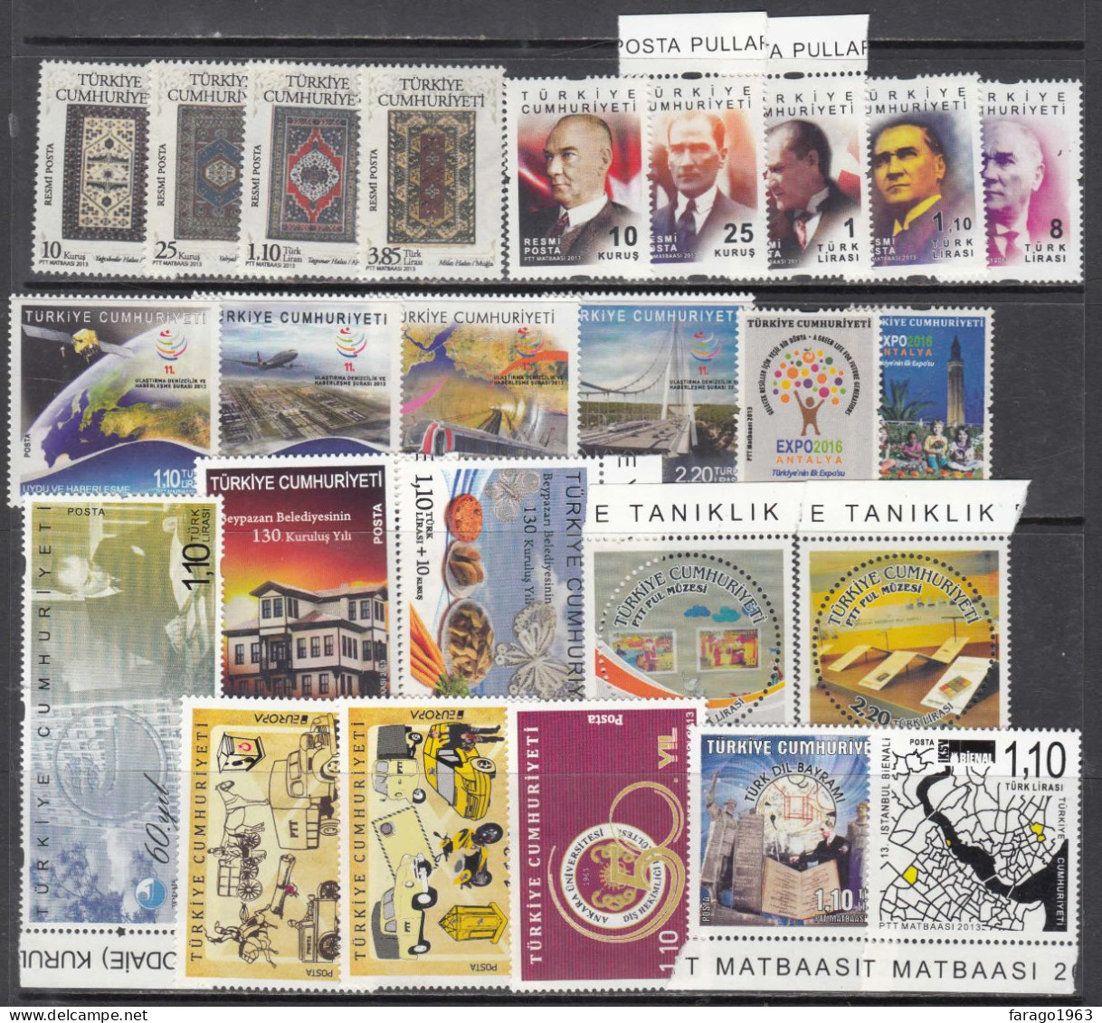 2013 Turkey Collection Of 25 Stamps + 15 Souvenir Sheets  MNH - Nuevos