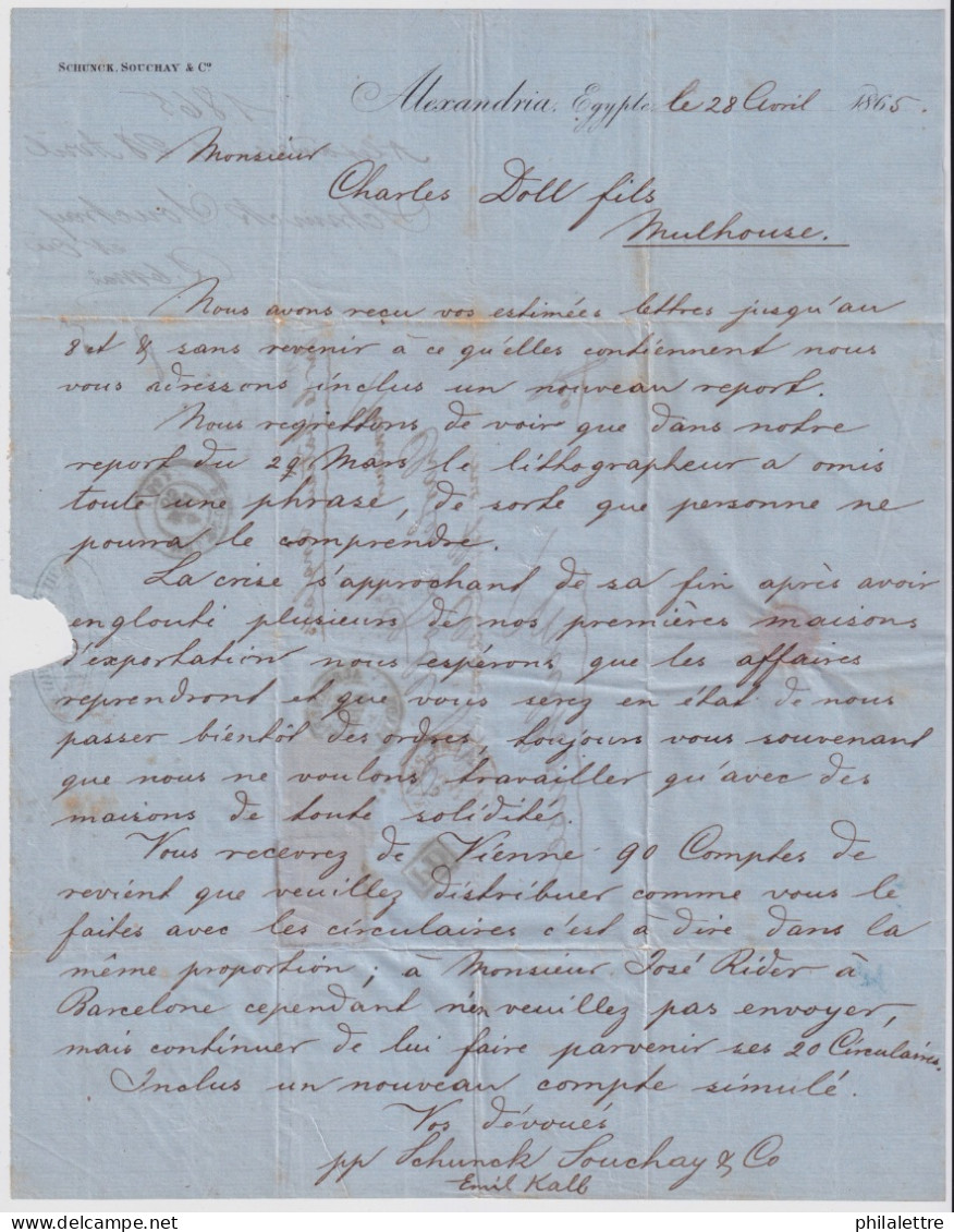 BUREAU FRANÇAIS D'ALEXANDRIE (Égypte) - 1865 Yv.21 & 23 10c & 40c Empire Dent. Sur LAC Pour Mulhouse - TB - 1862 Napoléon III.