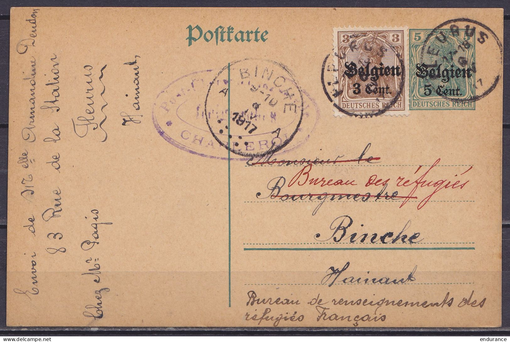 EP CP Postkarte 5c + 3c Càd FLEURUS /8 IV 1917 Pour BINCHE Réexépdiée Au Bureau Des Réfugiés - Cachet Censure "MIL. POST - German Occupation