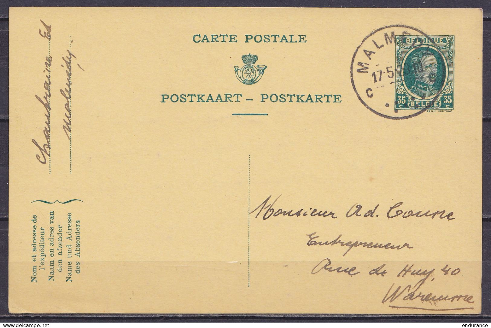 EP Trilingue (FR/NL/DE) CP 35c (type N°190) Càd MALMEDY C /17-5-1929 Pour WAREMME - Postkarten 1909-1934