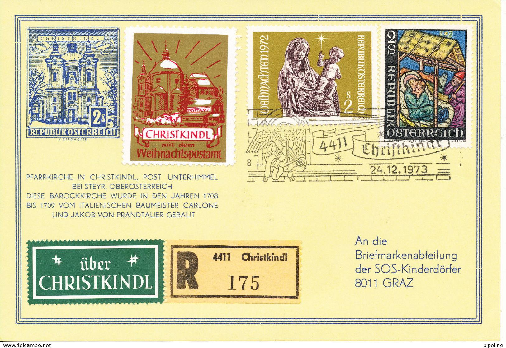 Austria Registered Card Christkindl  24-12-1973 Sent To SOS Kinderdörfer Graz - Briefe U. Dokumente