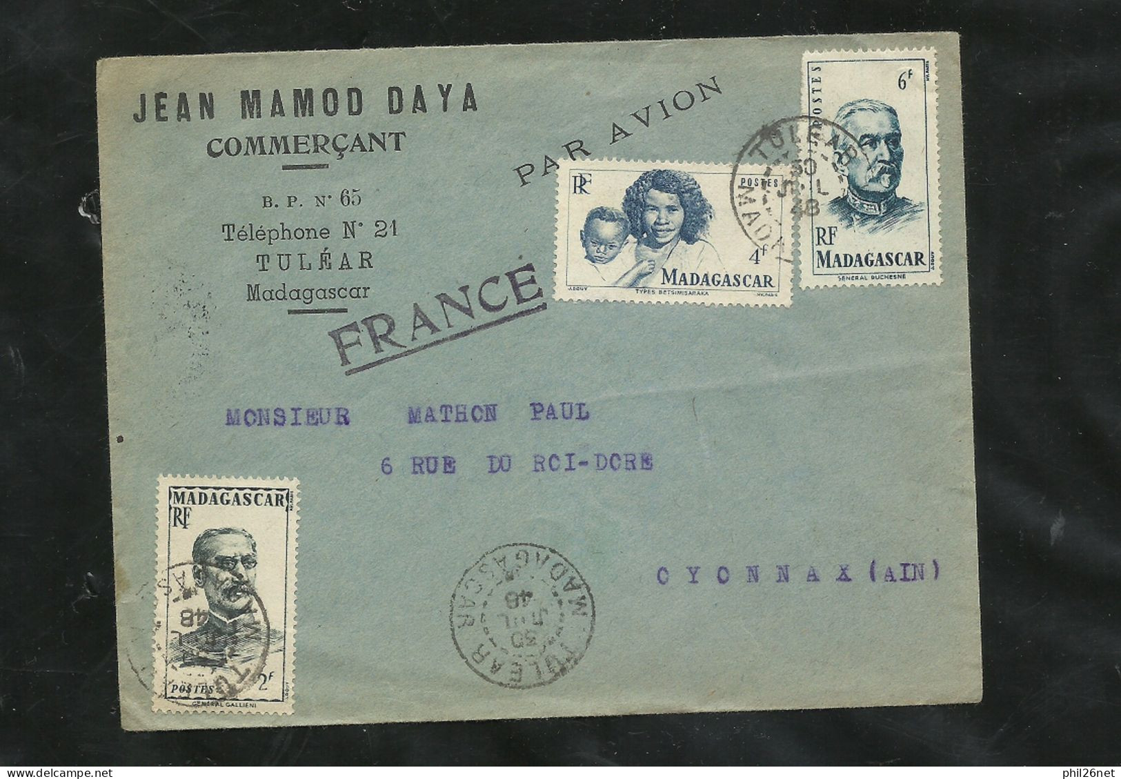 Madagascar Lettre Par Avion De Tuléar  Le 30/07/1948 Pour Oyonnax  N°309; 312  Et 314  B/TB Voir Scans Soldé ! ! ! - Covers & Documents